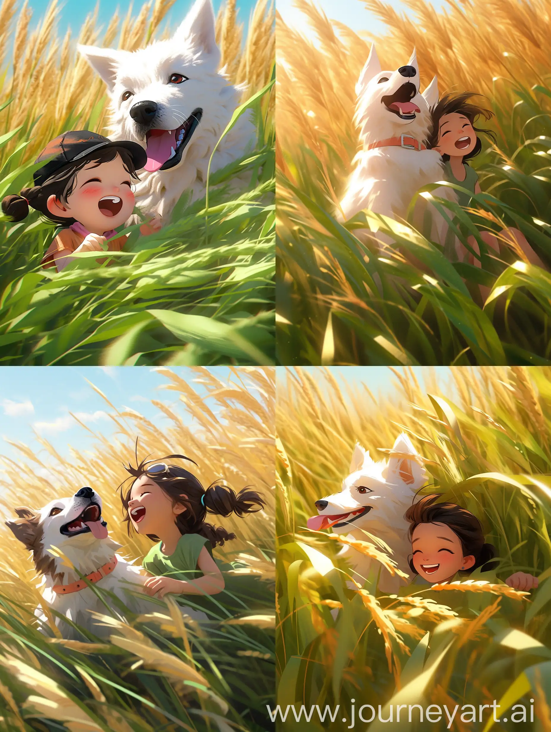 3D cartoon illustration, a little girl
and the white dog play in the
green: wheat fields, The green
ears of wheat hang down, bright
sunshine, thick coating style,
bright and bold color scheme,
super high quality 8K, beautiful
picture, rich details, a combination
of 2D and 3D, bright and bold color
scheme, super high quality 8K,
beautiful picture --ar 3:4 --niji 5