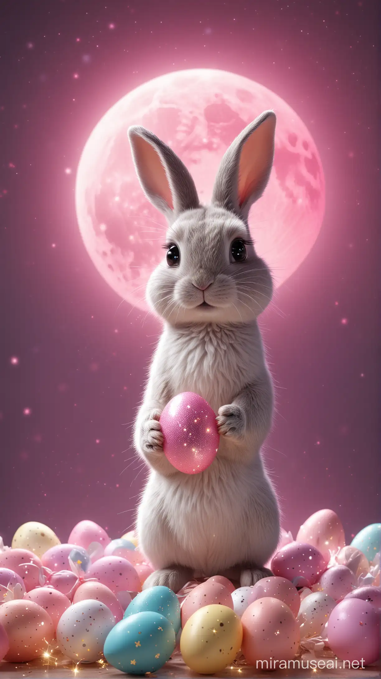 3D 8k shining and glittering small rabbit holding on his hand easter  glittering and shinning eggs with glittering and shinning pink moon at the midnight 