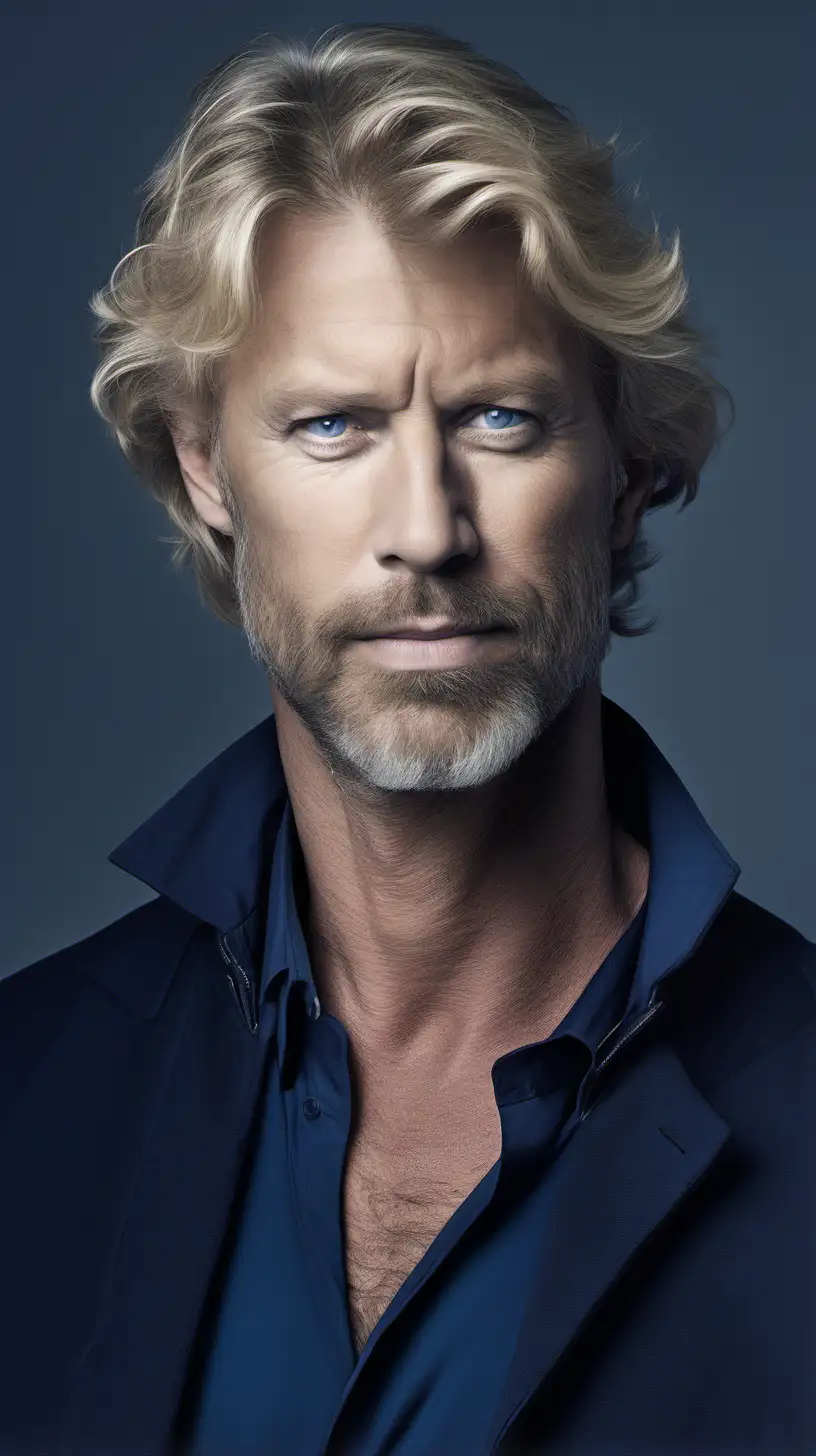 a shoulder and head shot from a distance of 24 inches of a king, shaggy blonde hair, graying, mid fourties, handsome, small beard, dark blue clothes, royalty, dark blue eyes, pale skin, white palace, sexy, strong, regal, well kempt.  Background is clear transparent.  Background has no color.