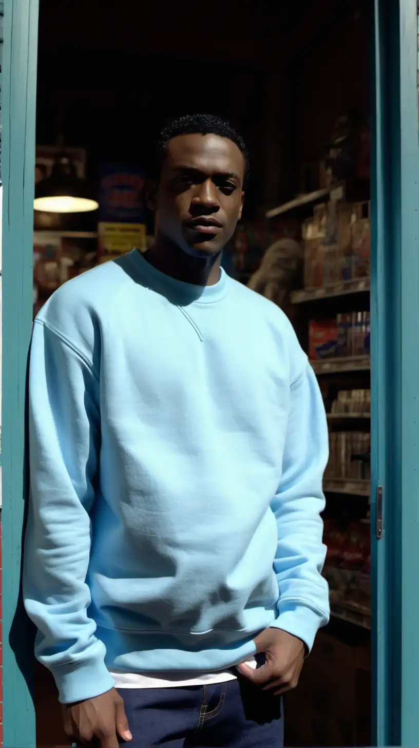 attractive, Black, man, wearing Baby Blue, cotton crew neck sweatshirt, wearing Navy denim, facing the camera straight ahead, Leaning against doorway of Bodega, in Queens NY, close up, sunny day, 1080p Resolution, Volumetric lighting, Ultra 4k, High Definition