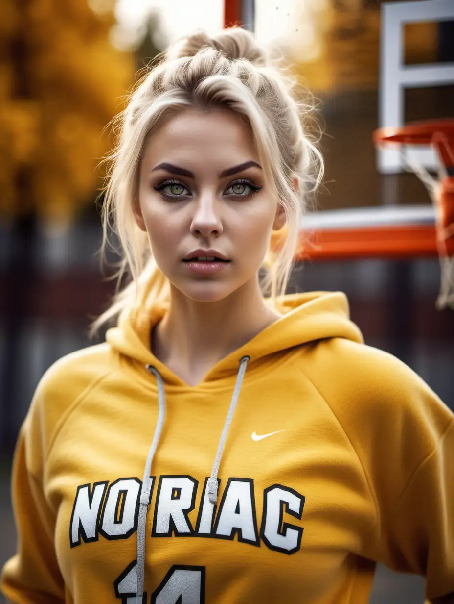 Beautiful Nordic woman, very attractive face, detailed eyes, big breasts, dark eye shadow, messy blonde hair, wearing a yellow sweatsuit, midriff showing, close up, bokeh background, soft light on face, rim lighting, facing away from camera looking back over her shoulder, outdoor basketball hoop in the background, photorealistic, very high detail, extra wide photo, full body photo, aerial photo