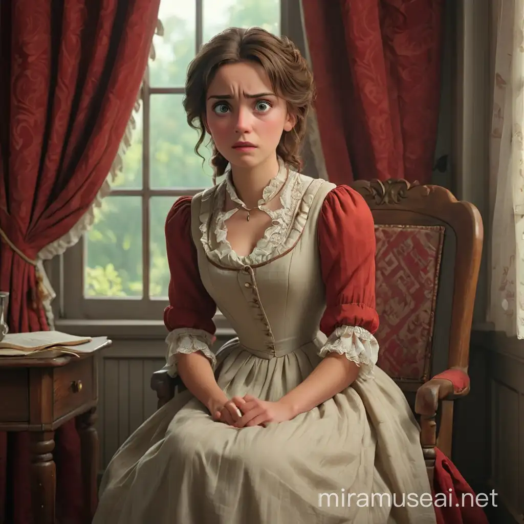 A woman in a 19th century dress sits in a chair next to a window and curtains. She is very embarrassed, her face is red, her eyes are frightened.  We see them full-length, with arms and legs. In the style of 3d animation, realism.