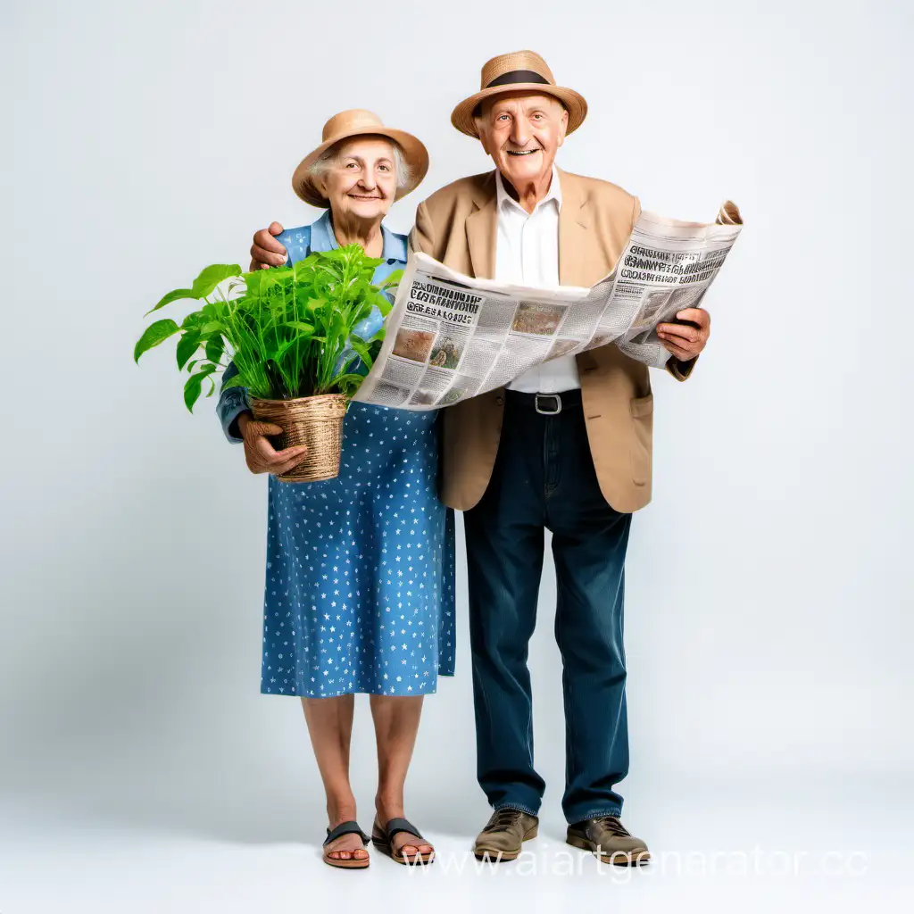 Joyful-Grandparents-in-Summer-Attire-with-Newspaper-and-Seedlings