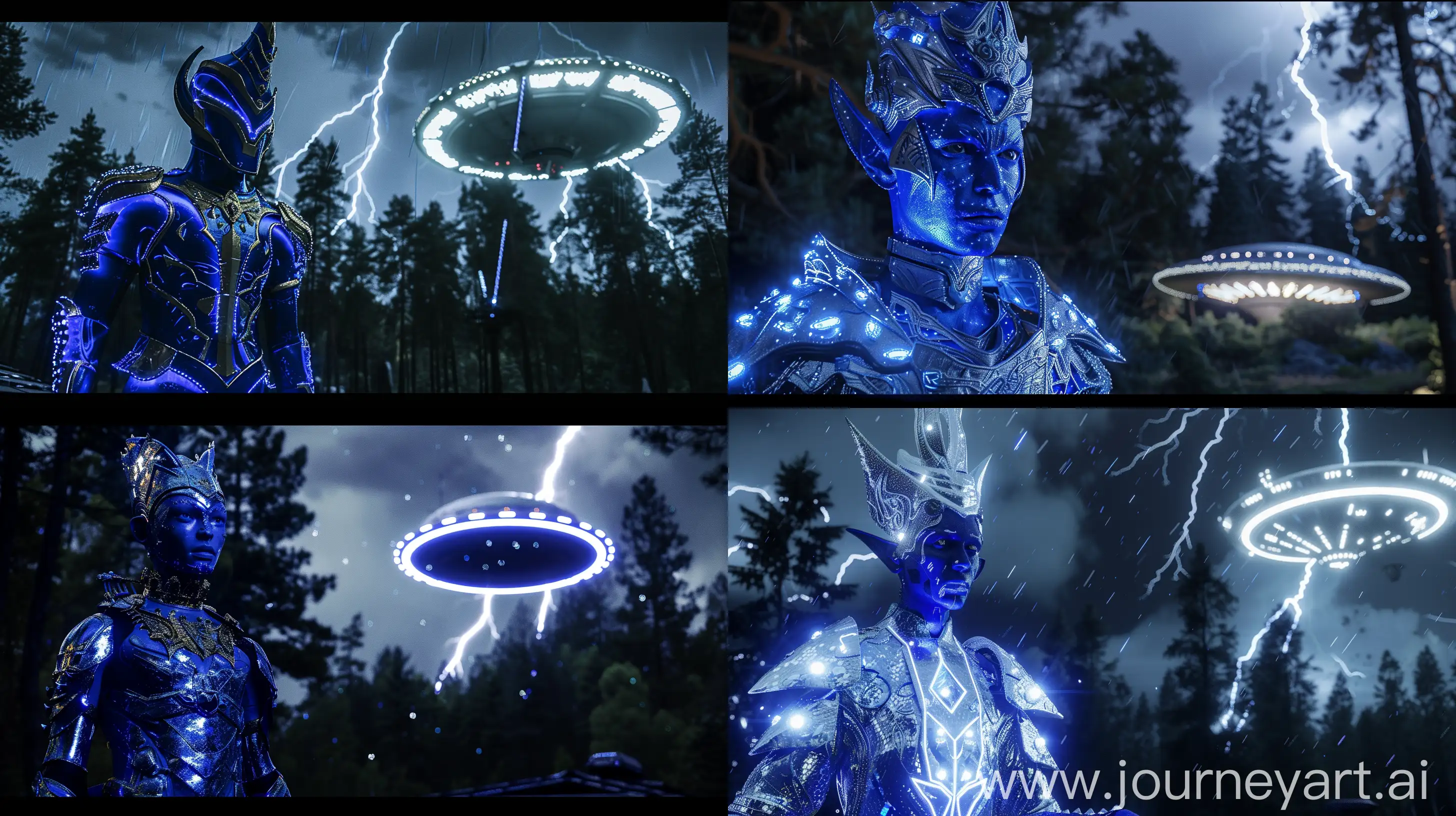 cinematic,ultra realist blue arcturian with royal suit of light, background forest at night low lightning, a landed circular spacial ship create light in the background, canon k35 prime lenses, 70mm, --ar 16:9 --style raw