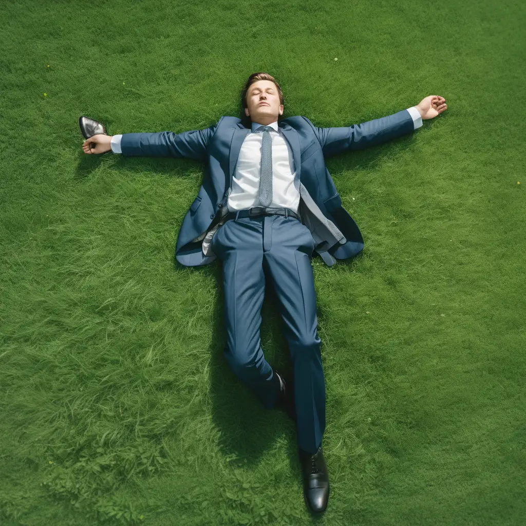 Relaxed Businessman in Suit Lying on Grass