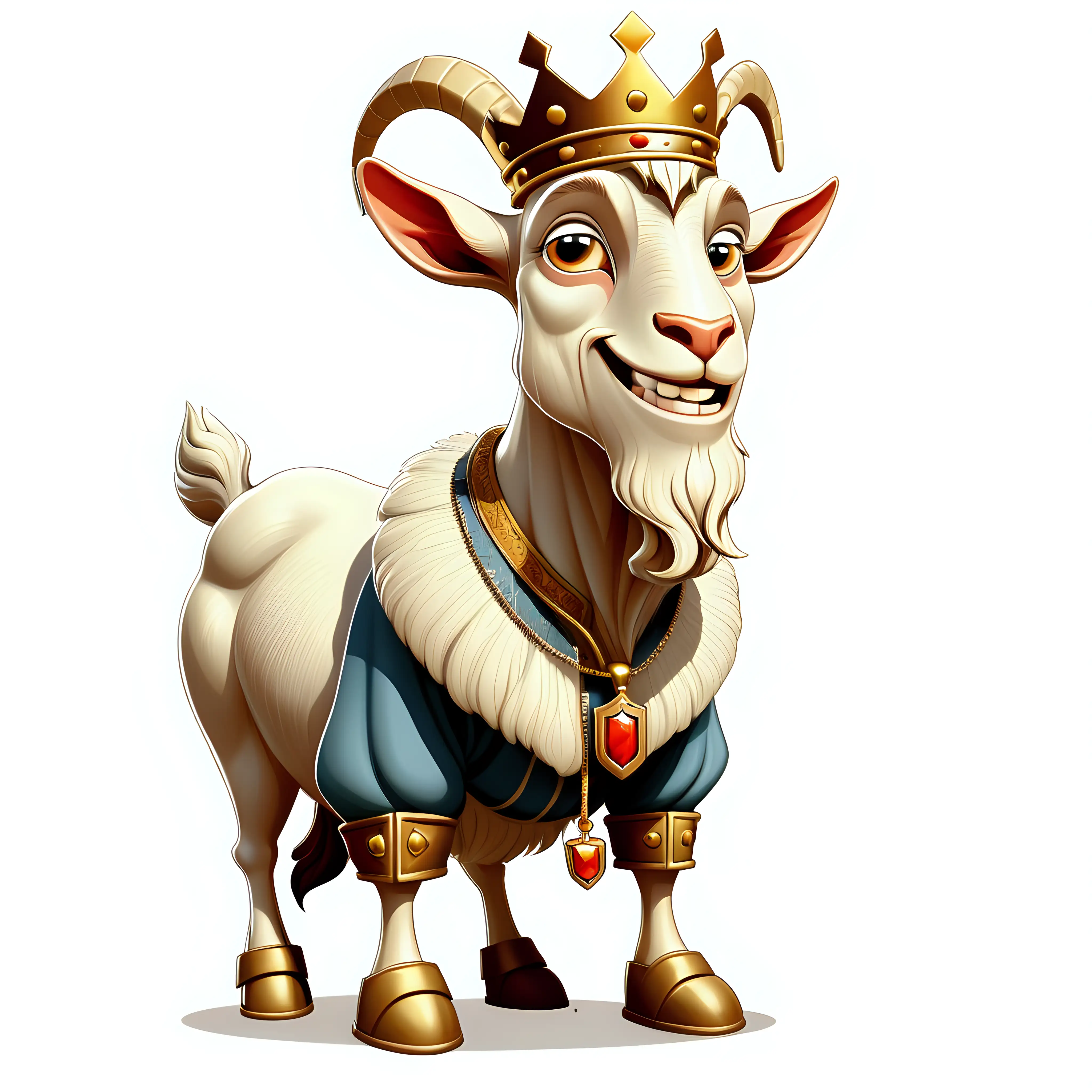a handsome goat in cartoon style as king clipart with boot  with white background
