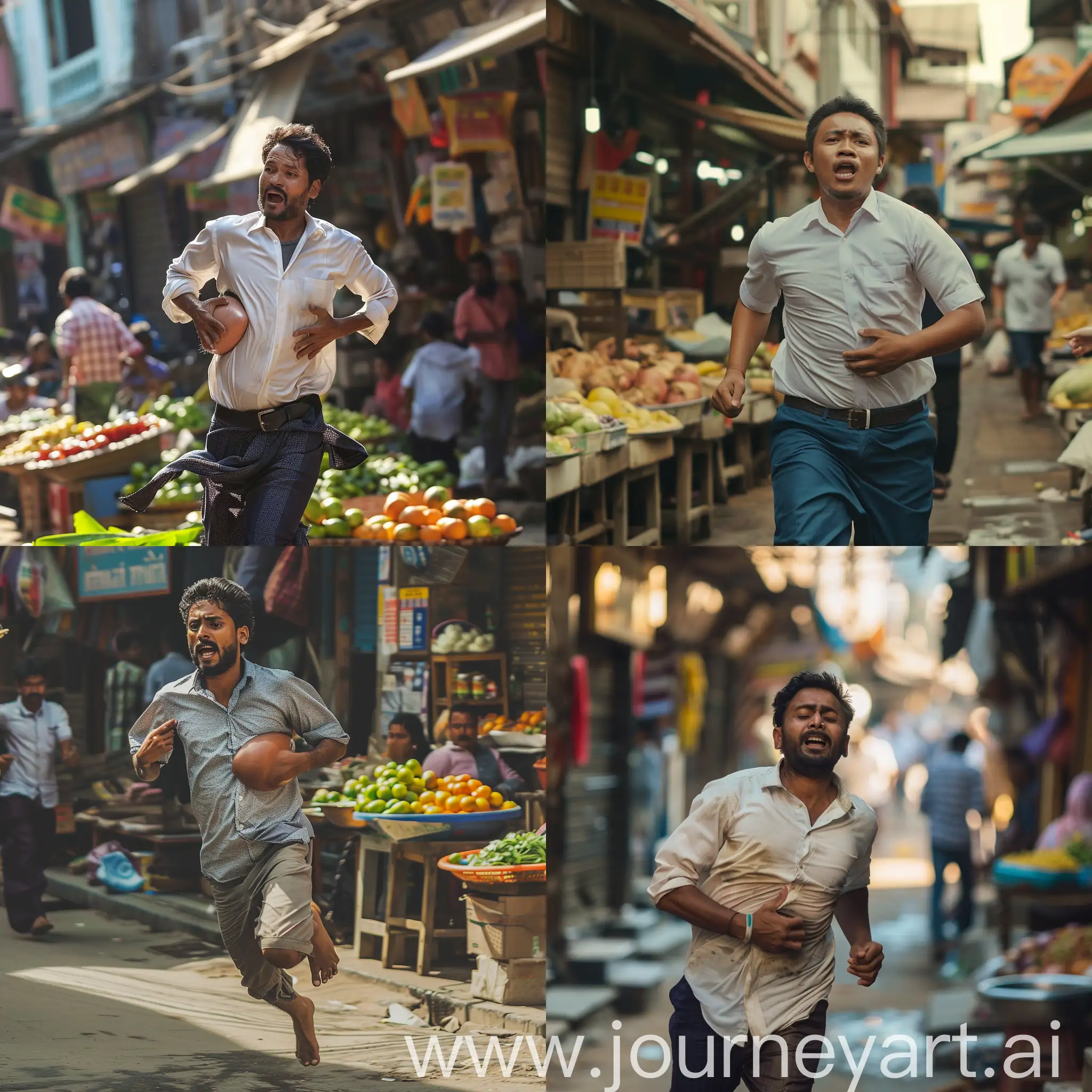 a man running in market catching is stomach 