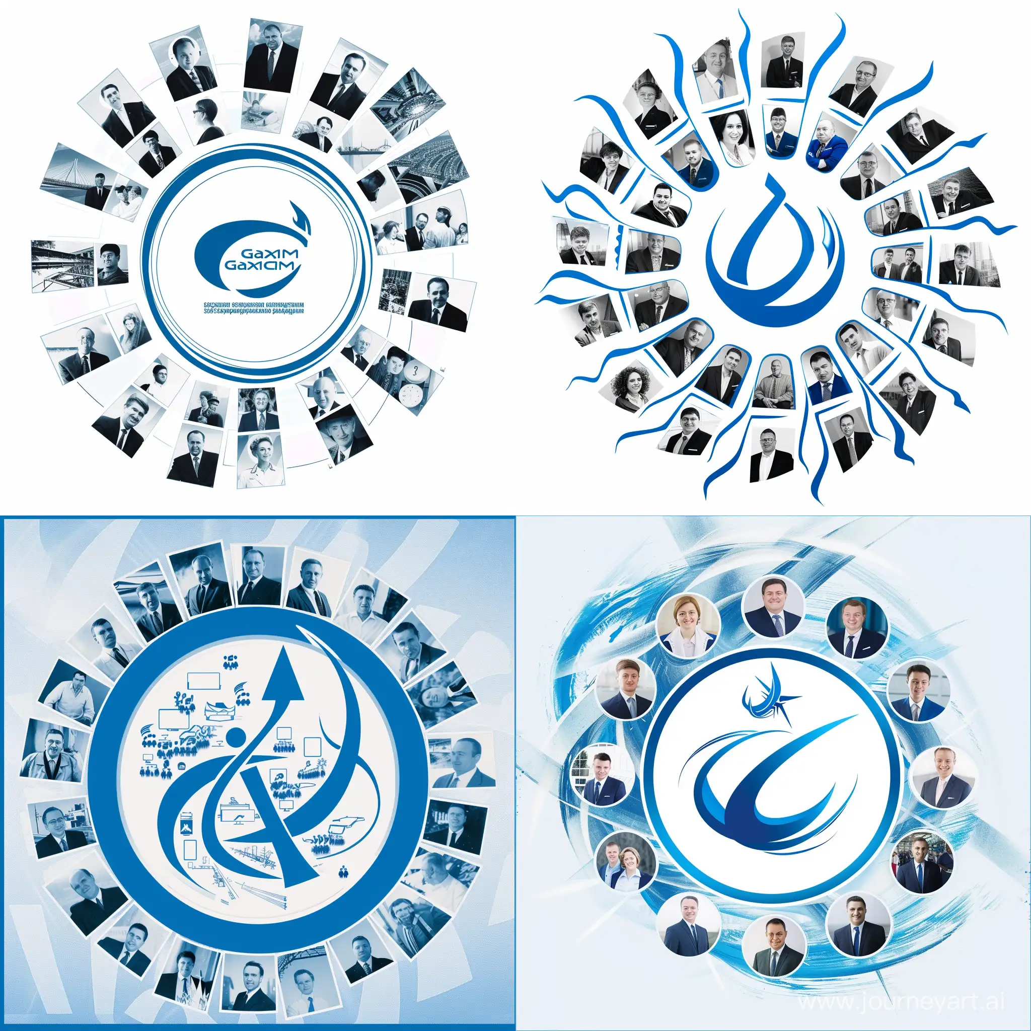 55 лет юбилей газпром, синий белый,  фотографии сотрудников вокруг логотипа в центре