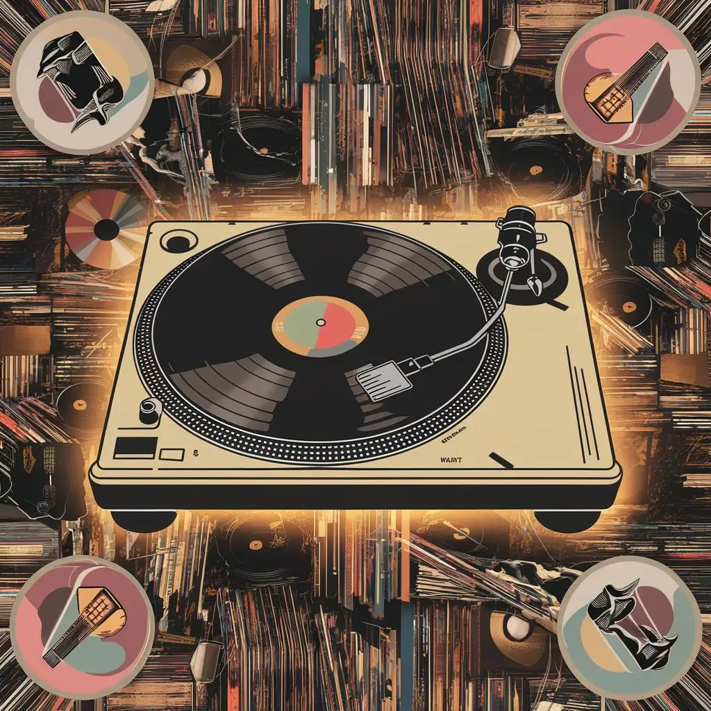 Nostalgic designs focused on the golden era of vinyl records, featuring turntables, vinyl collections, and music motifs.