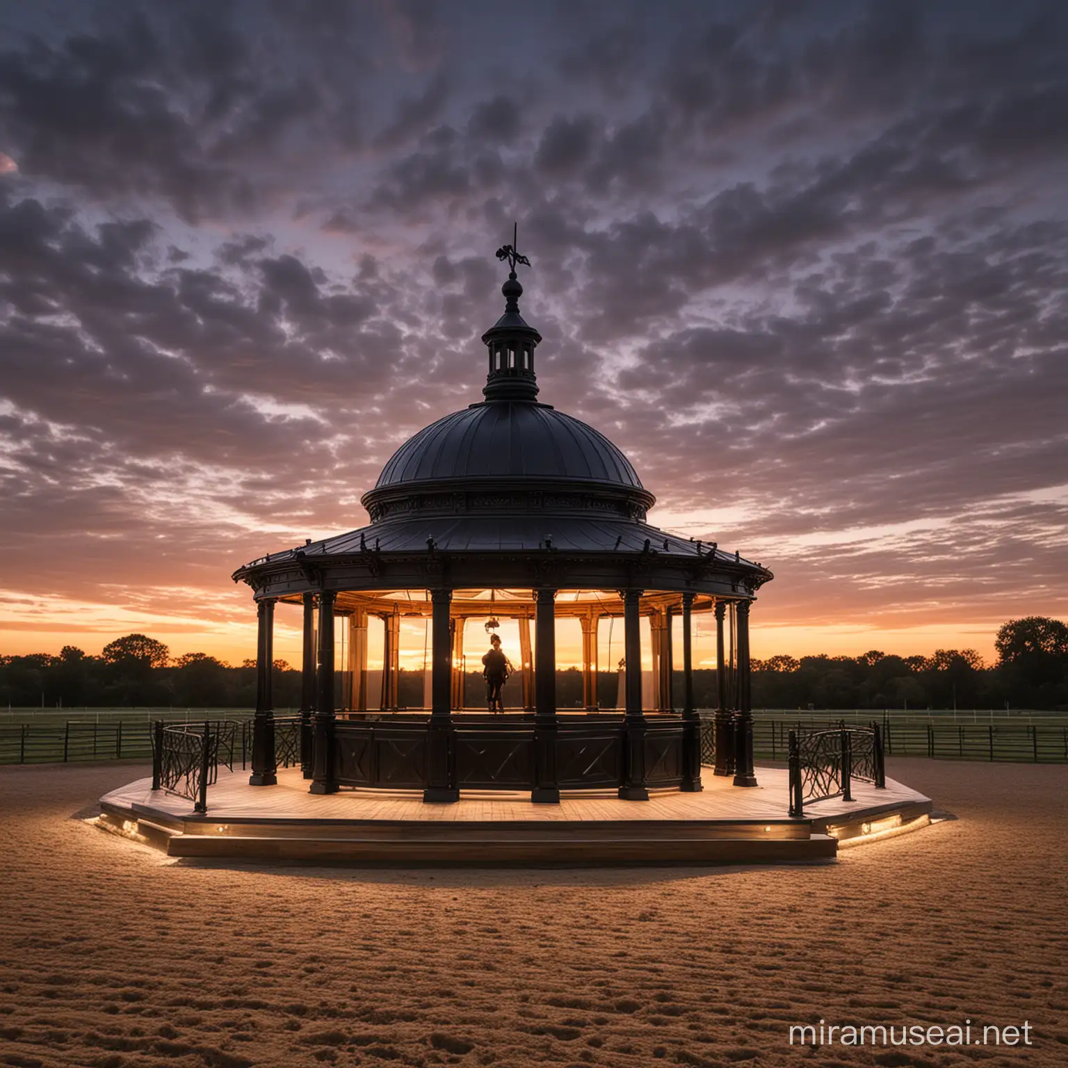 love. magic.  horse riding arena. oak wood. black hardware. cupola.  expensive. fancy. good quality. beautiful. architectonic correct. detailed. very real. sunset.  