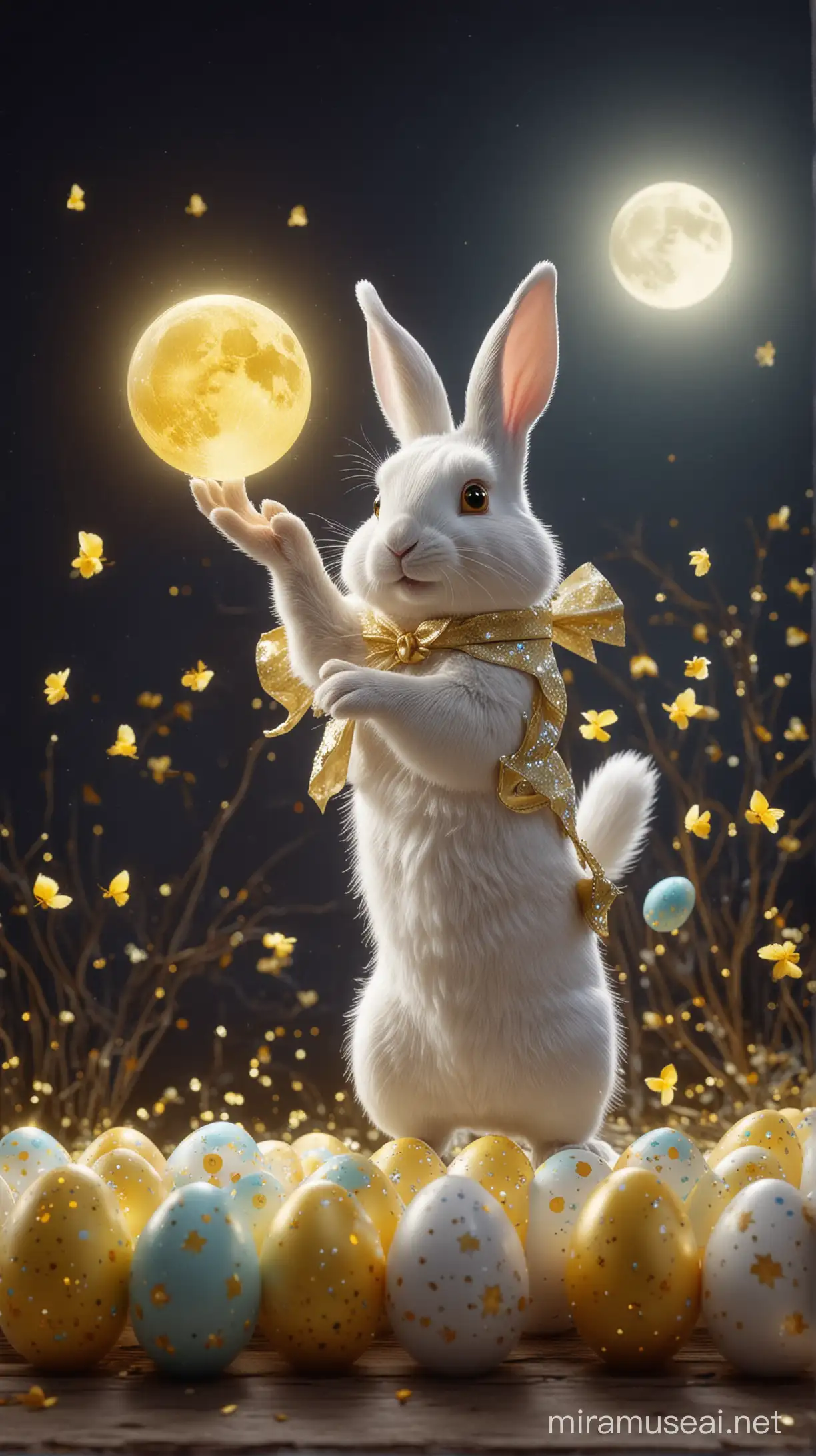 3D 8k shining and glittering small white rabbit holding on his hand easter eggs glittering and shinning eggs with yellow moon glittering and shinning at the midnight