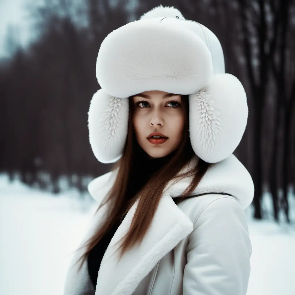 огромная  высокая шапка ушанка на голове человека , фотосессия в белых тонах , зима