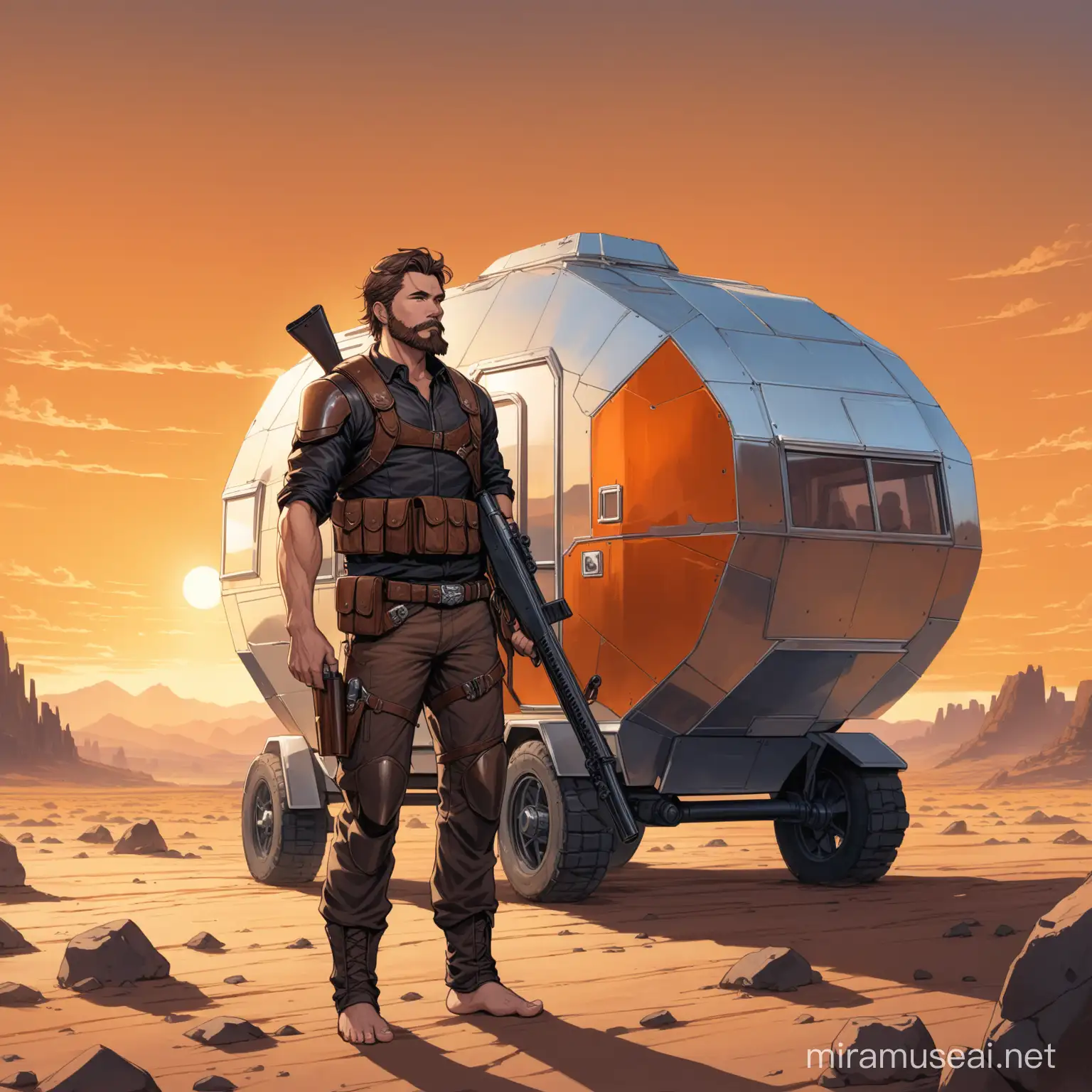 barefooted western gunslinger wearing leather armoured coat and rolled up cargo pants. He has brown hair and a brown short beard. he is tall and of a bulky muscular stature. He is carrying a stubby sawn off shotgun and he has a rifle on his back. he is standing in front of a hyper futuristic metallic caravan. The background is a dusty, dry, rocky landscape with nothing else in sight for miles. the lighting is dusk and there is a beautiful orange sunset. it is moody in style
