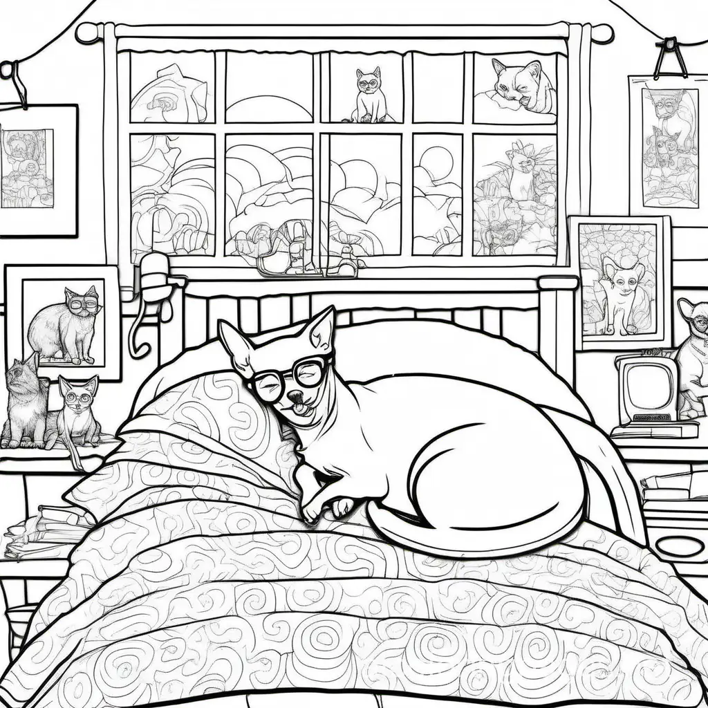 bedroombackground, a 70 year old woman with long hair wearing eyeglasses, yawning, add the text "I'm So Sleepy" in outlined 3D letters, add a hairless chihuahua lying on the bed next to a big shorthaired tom cat, Coloring Page, black and white, line art, white background, Simplicity, Ample White Space. The background of the coloring page is plain white to make it easy for young children to color within the lines. The outlines of all the subjects are easy to distinguish, making it simple for kids to color without too much difficulty