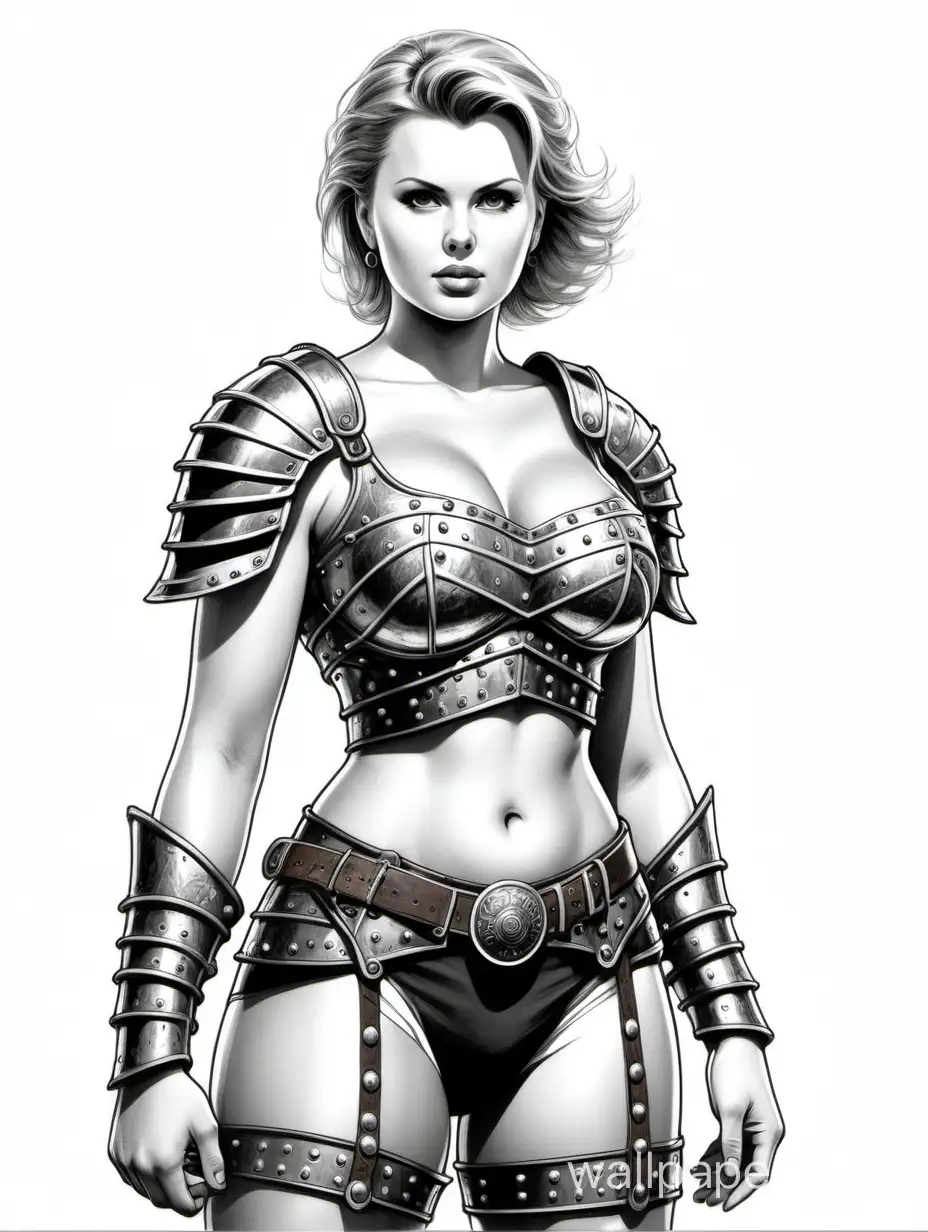 young Anna Semenovich, warrior girl, light short hair, large breasts size 4, narrow waist, wide hips, ancient armor, underwear with rivets, shorts with a wide belt, black and white sketch, white background, batletech style
