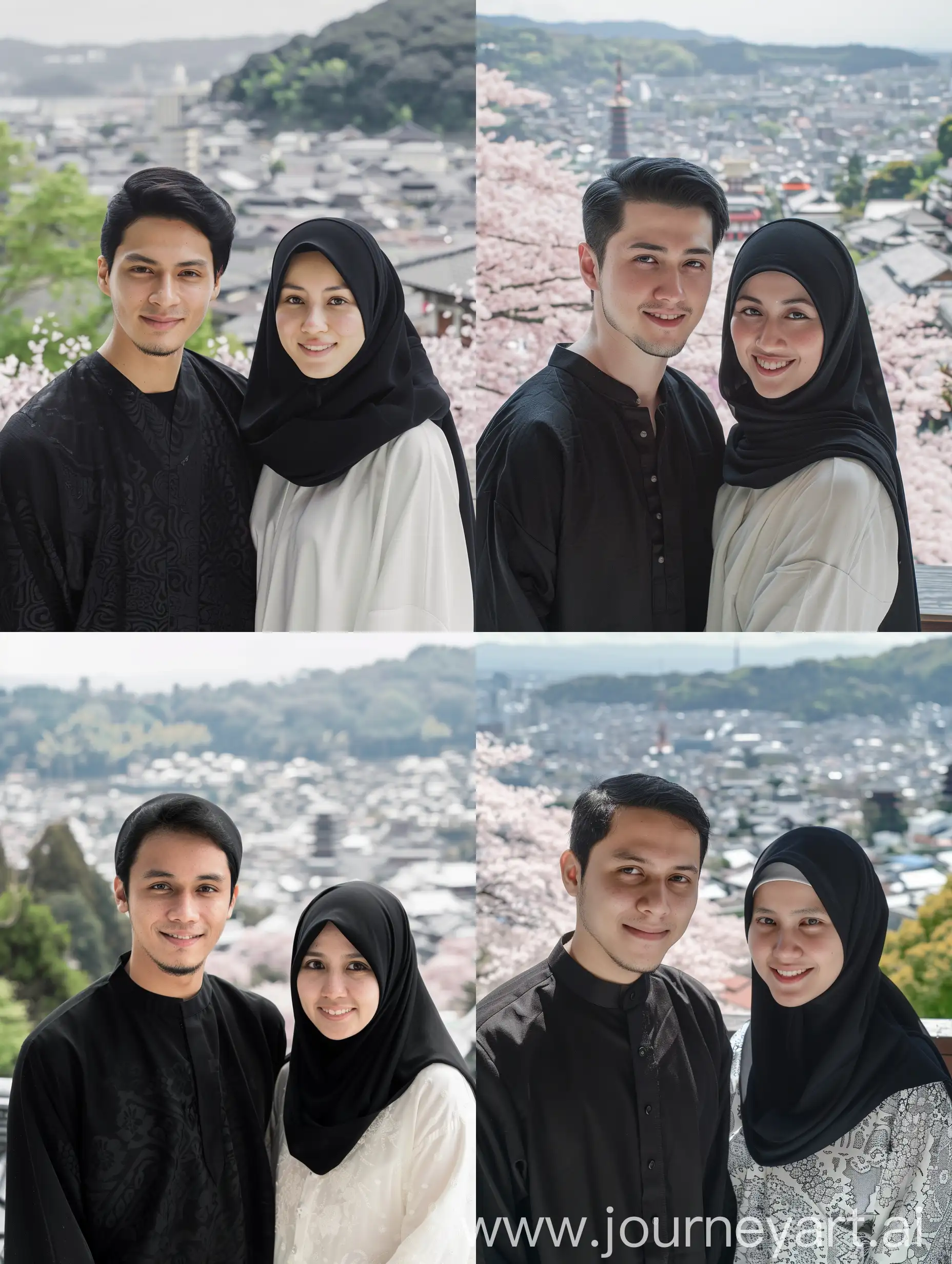 (8K, RAW Photo, Photography, Photorealistic, Realistic, Highest Quality, Intricate Detail), Medium photo of 25 year old Indonesian man, fit body, ideal body, oval face, white skin, natural skin, medium hair, wearing black batik, side by side with a 25 year old Indonesian woman wearing a black hijab, white batik, they smile facing the camera, their eyes look at the camera, the corners of their eyes are parallel to the view of the Japanese city with many cherry trees in the background.