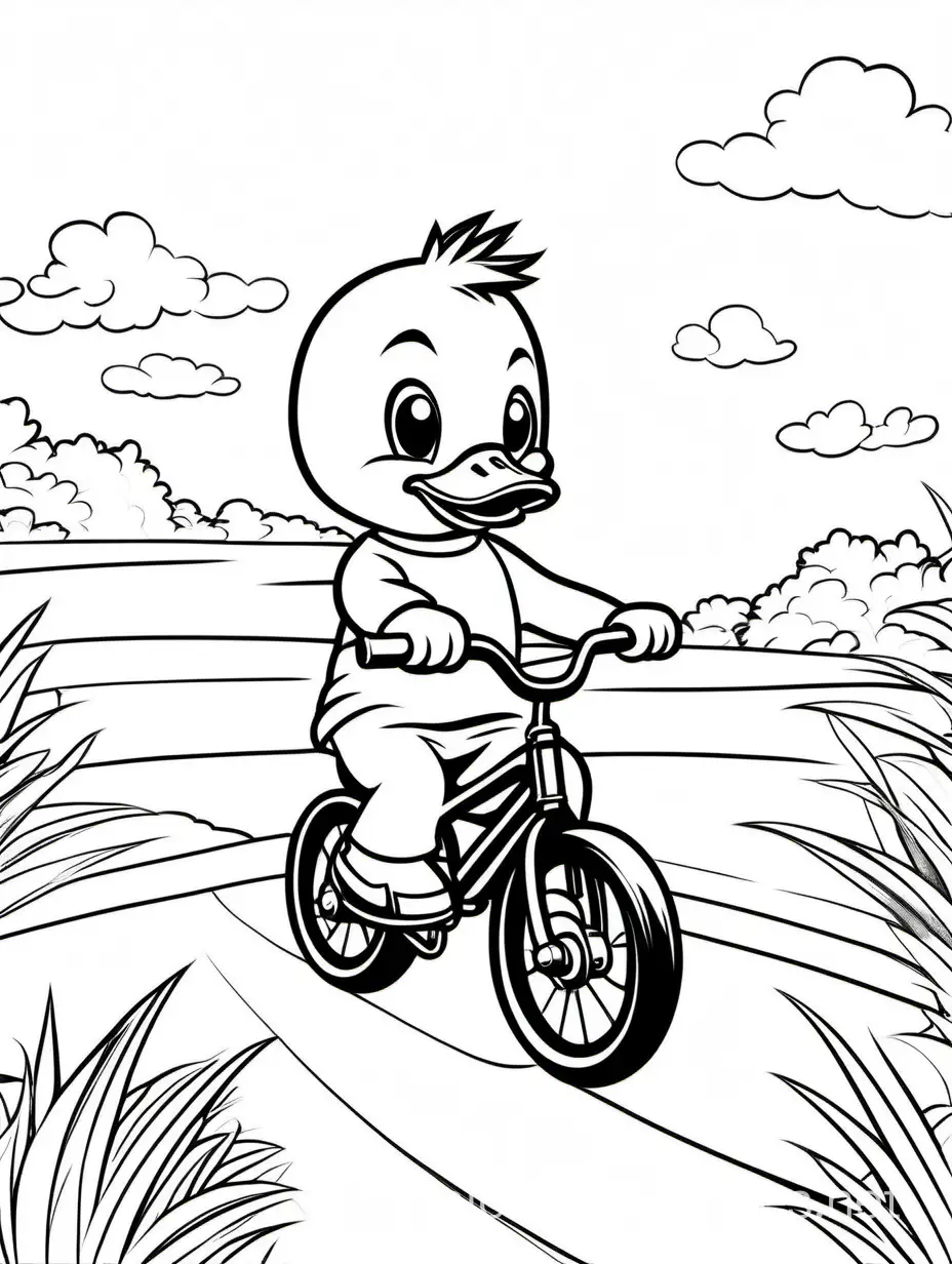 cartoon Baby duck riding a bike, manga style, Coloring Page, black and white, line art, white background, Simplicity, Ample White Space. The background of the coloring page is plain white to make it easy for kids to color within the lines. The outlines of all the subjects are easy to distinguish, making it simple for kids and adults to color without too much difficulty, Coloring Page, black and white, line art, white background, Simplicity, Ample White Space. The background of the coloring page is plain white to make it easy for young children to color within the lines. The outlines of all the subjects are easy to distinguish, making it simple for kids to color without too much difficulty, Coloring Page, black and white, line art, white background, Simplicity, Ample White Space. The background of the coloring page is plain white to make it easy for young children to color within the lines. The outlines of all the subjects are easy to distinguish, making it simple for kids to color without too much difficulty