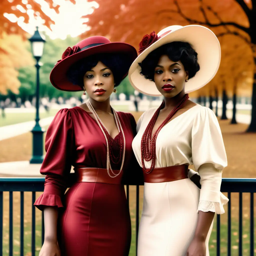 create image of an elegant
two beautiful black women from 1913 in front of a park. She wearing crimson and cream