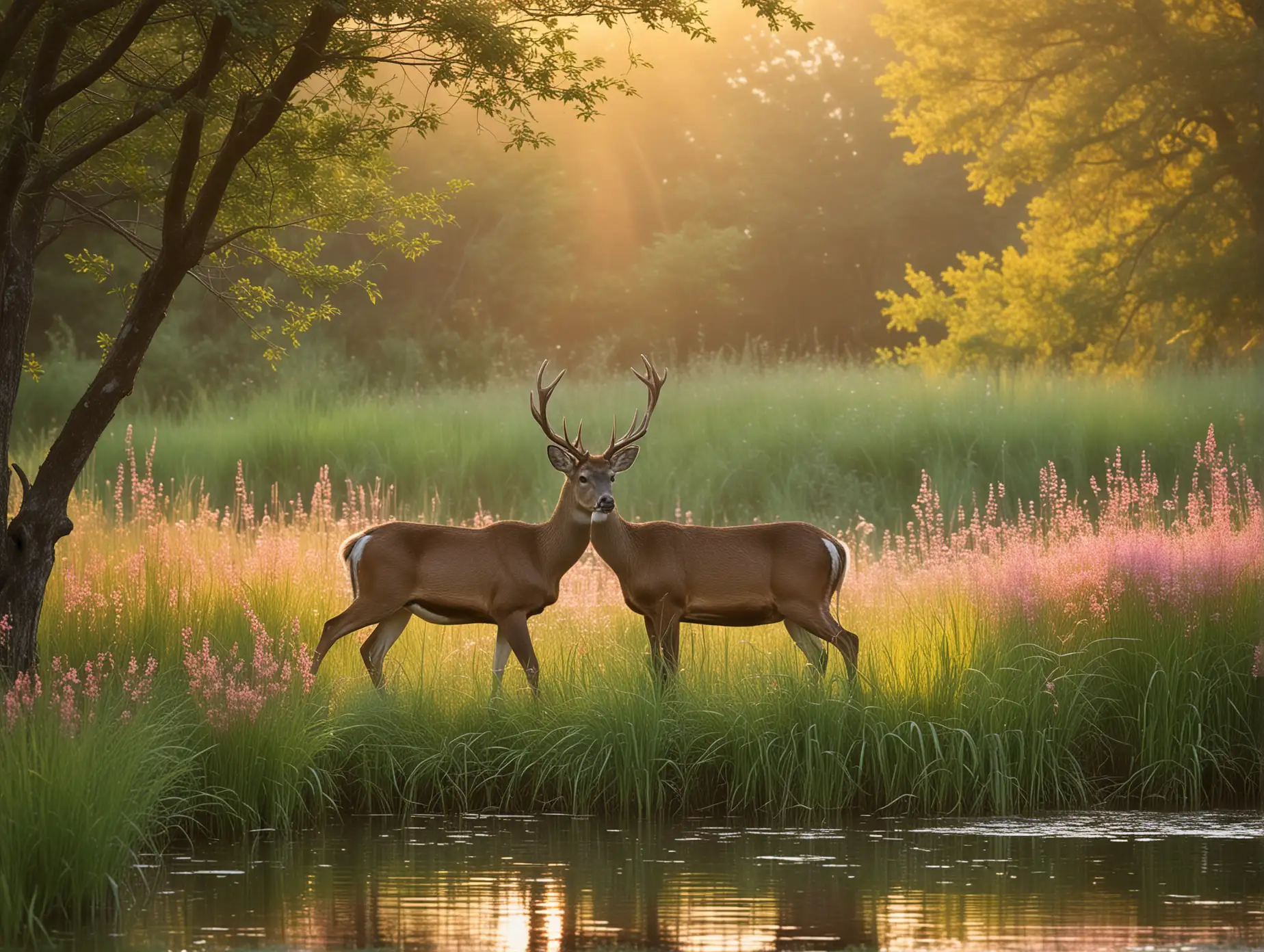Sunset Meadow Graceful Deer Family and Playful Wildlife