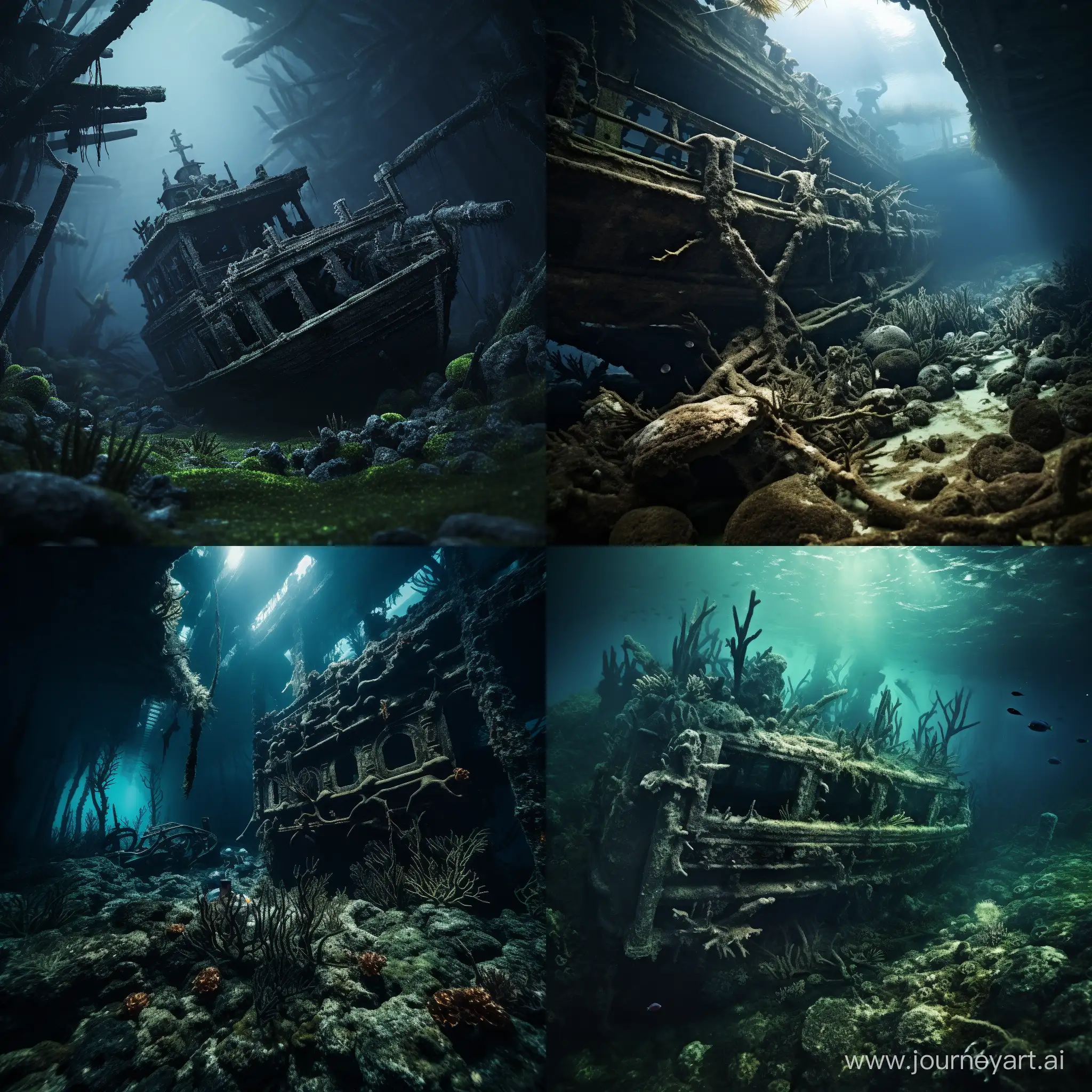 A photo of an ancient shipwreck nestled on the ocean floor. marine plants have claimed the wooden structure, and fish swim in and out of its hollow spaces. Sunken treasures and old cannons are scattered around, providing a glimpse into the past. H.R.Giger style, dark and gloomy