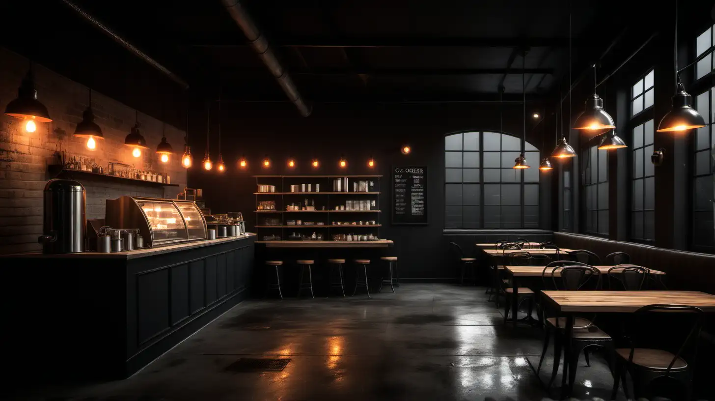 INDUSTRIAL STYLE CAFE SHOP EMPTY WITH LIGHTS ON ORAGE tungsten LIGHTING AND MOODY DARK NIGHT. 