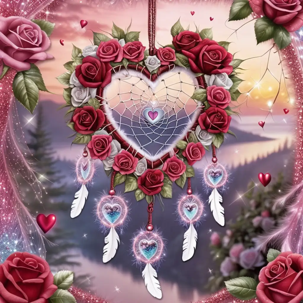 Valentine heart and roses dream catcher, glitter, glistening, sparklecore, soft lens, Thomas kinkade 