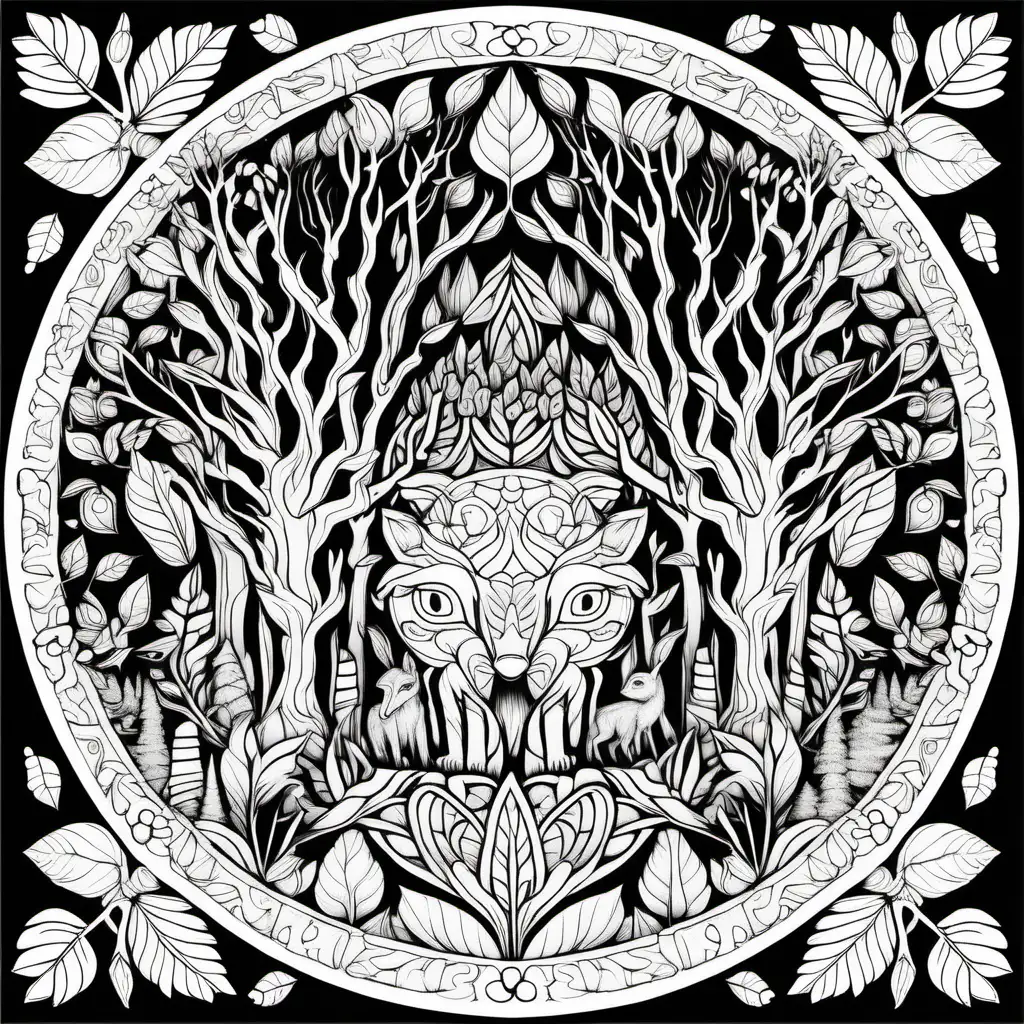 Forest Mandala: A mandala featuring elements of a tranquil forest, including trees, leaves, and woodland creatures for coloring book with crisp lines and white background