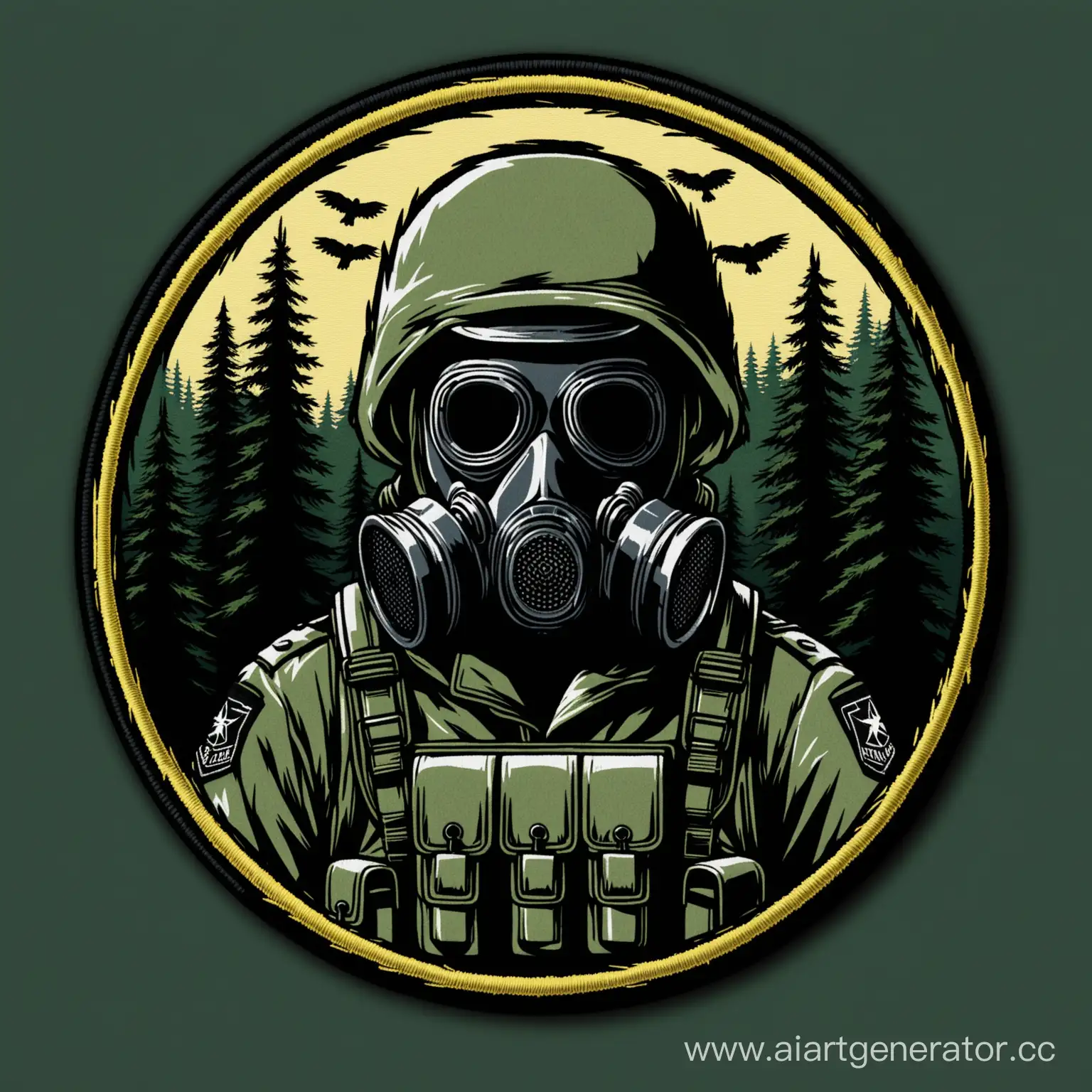 PMCs patch , patch depicting a military stalker in a gas mask against a black forest background ,dark tones