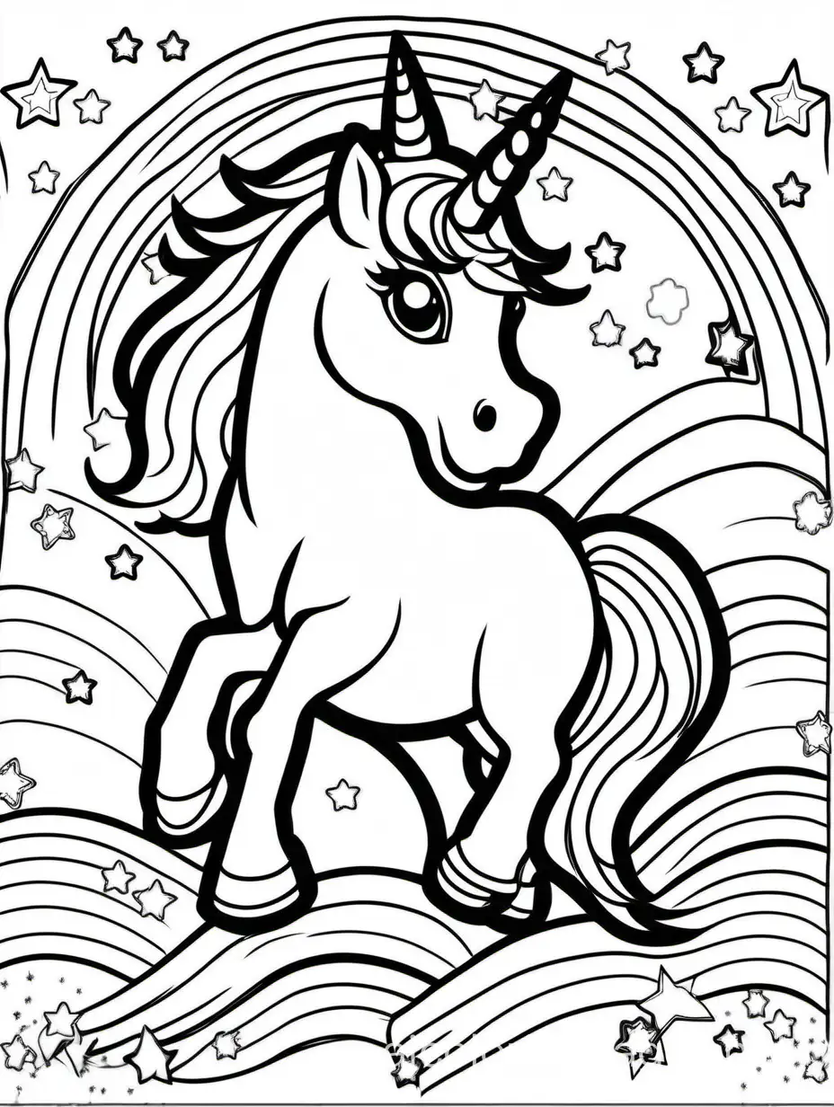 unicorn for kids, Coloring Page, black and white, line art, white background, Simplicity, Ample White Space. The background of the coloring page is plain white to make it easy for young children to color within the lines. The outlines of all the subjects are easy to distinguish, making it simple for kids to color without too much difficulty