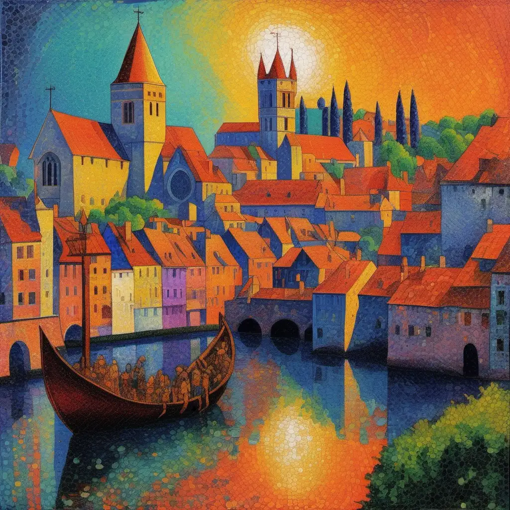 Post-impressionist interpretation of the middle ages with bold colors and distinct brushstrokes, pointillism technique, vibrant, textured, atmospheric.