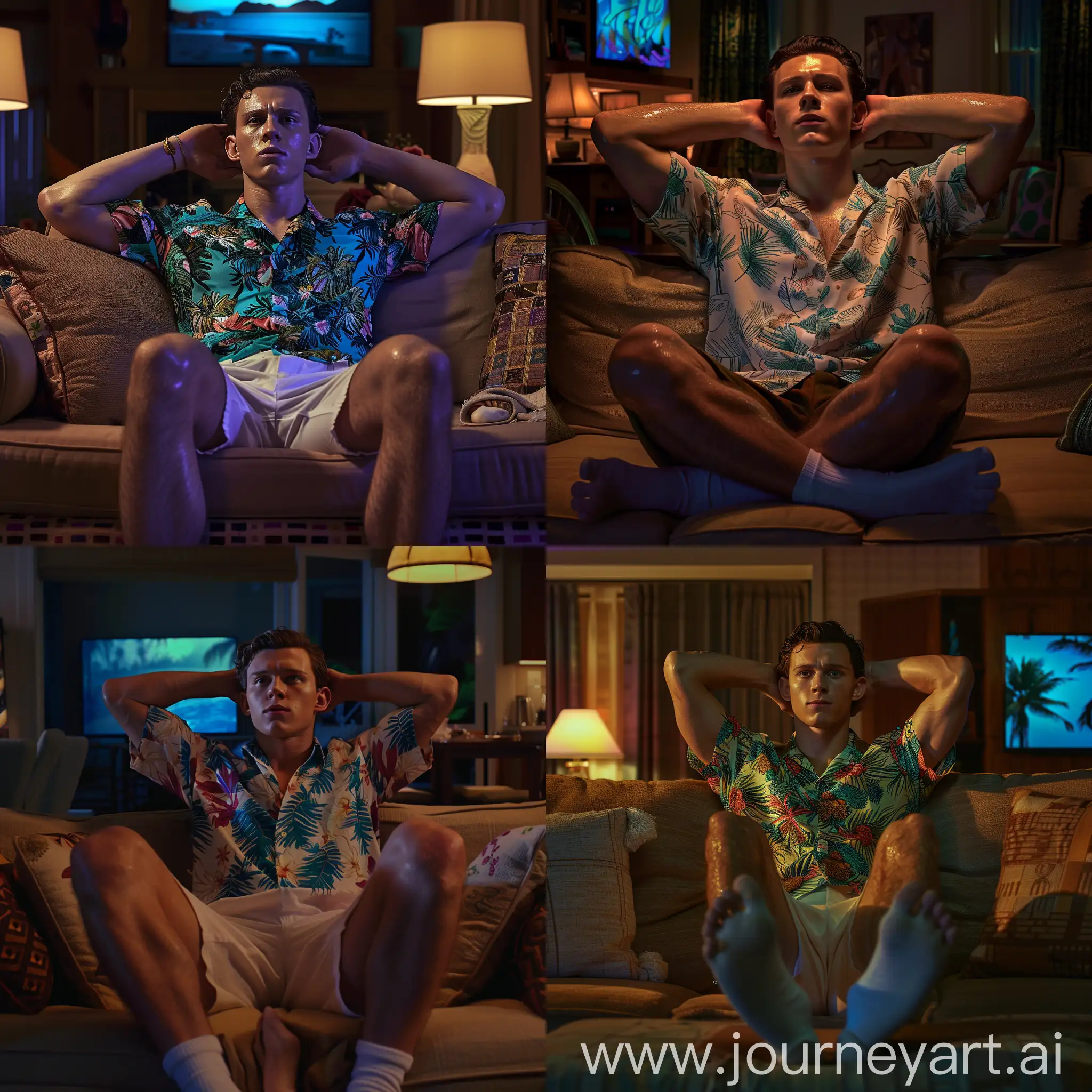 Realistic, cinematic lighting, low lighting at night, handsome Tom Holland sitting on a couch wearing a hawaiian shirt, hands behind his head, good looking Tom Holland face, wearing a hawaiian shirt, fit abs and pecs, sweaty glistening skin, sitting on thecouch relaxed, legs stretched, with his feet on a footstool, wearing white socks, with his big soles on a footstool table, displaying big white sock soles, rich living room background at night, Tv lighting ambient
