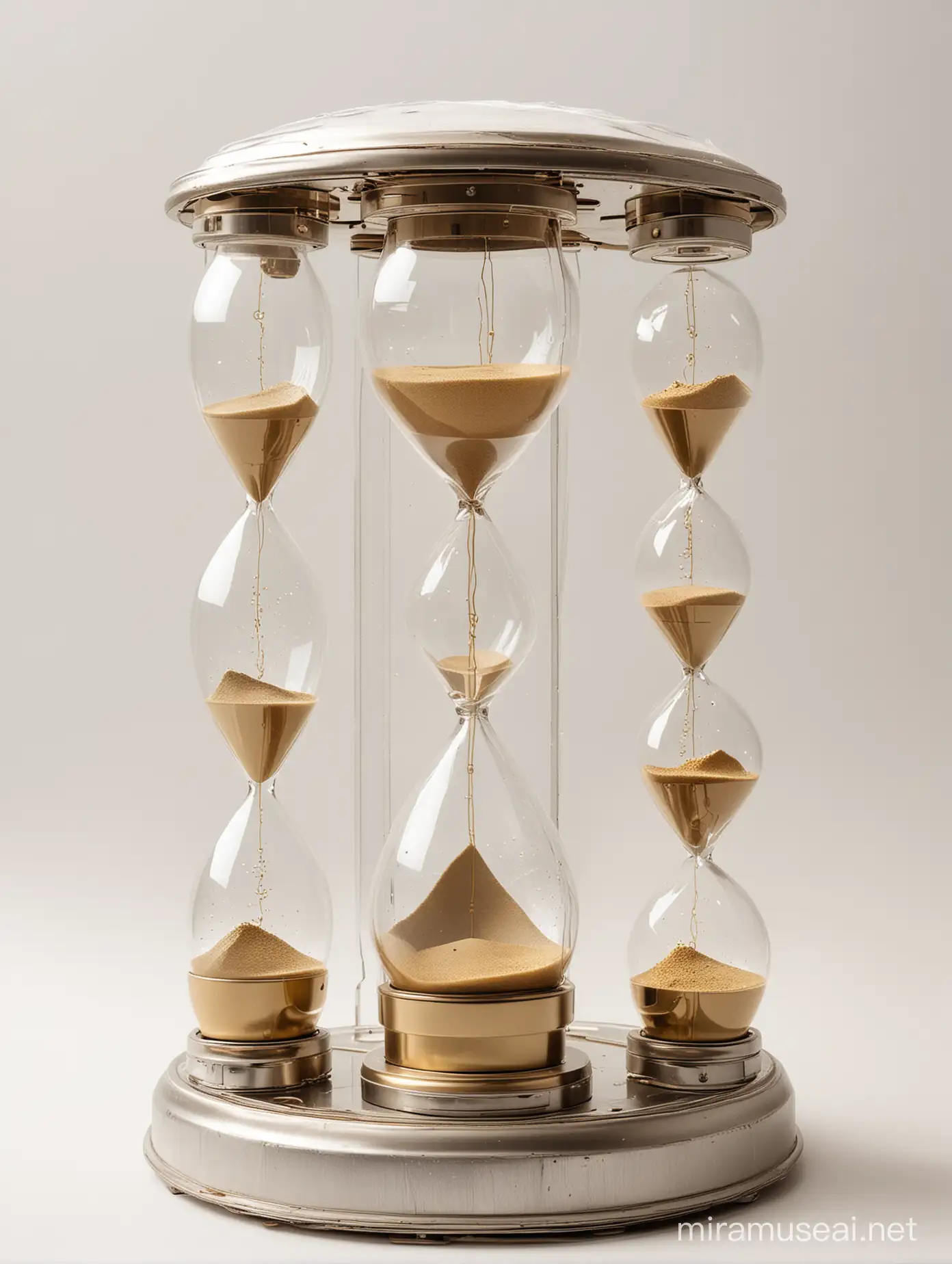 Timemachine made from 12 hourglasses. Banks are situated from up to down. golden sand inside. Timemachine stands on silver wrinkled fabric. Clear white backround.