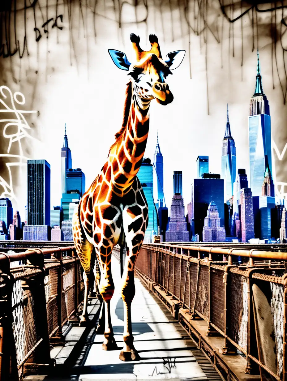 Brooklyn bridge with a giraffe and New York skyline in he background,  graffiti style