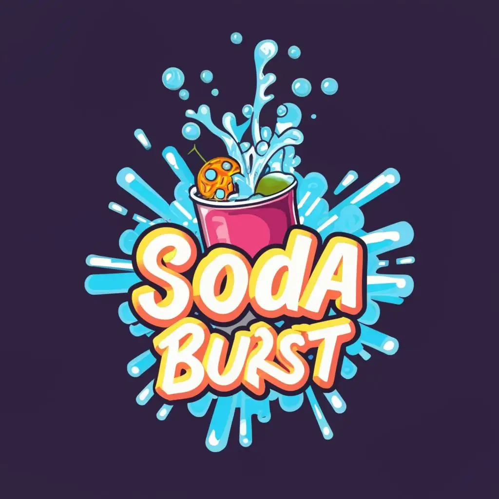 logo, water and fizz coming out of soda cup, lots of bubbles exploding, splashes of water, lots of color, with the text "soda burst", typography, be used in Restaurant industry