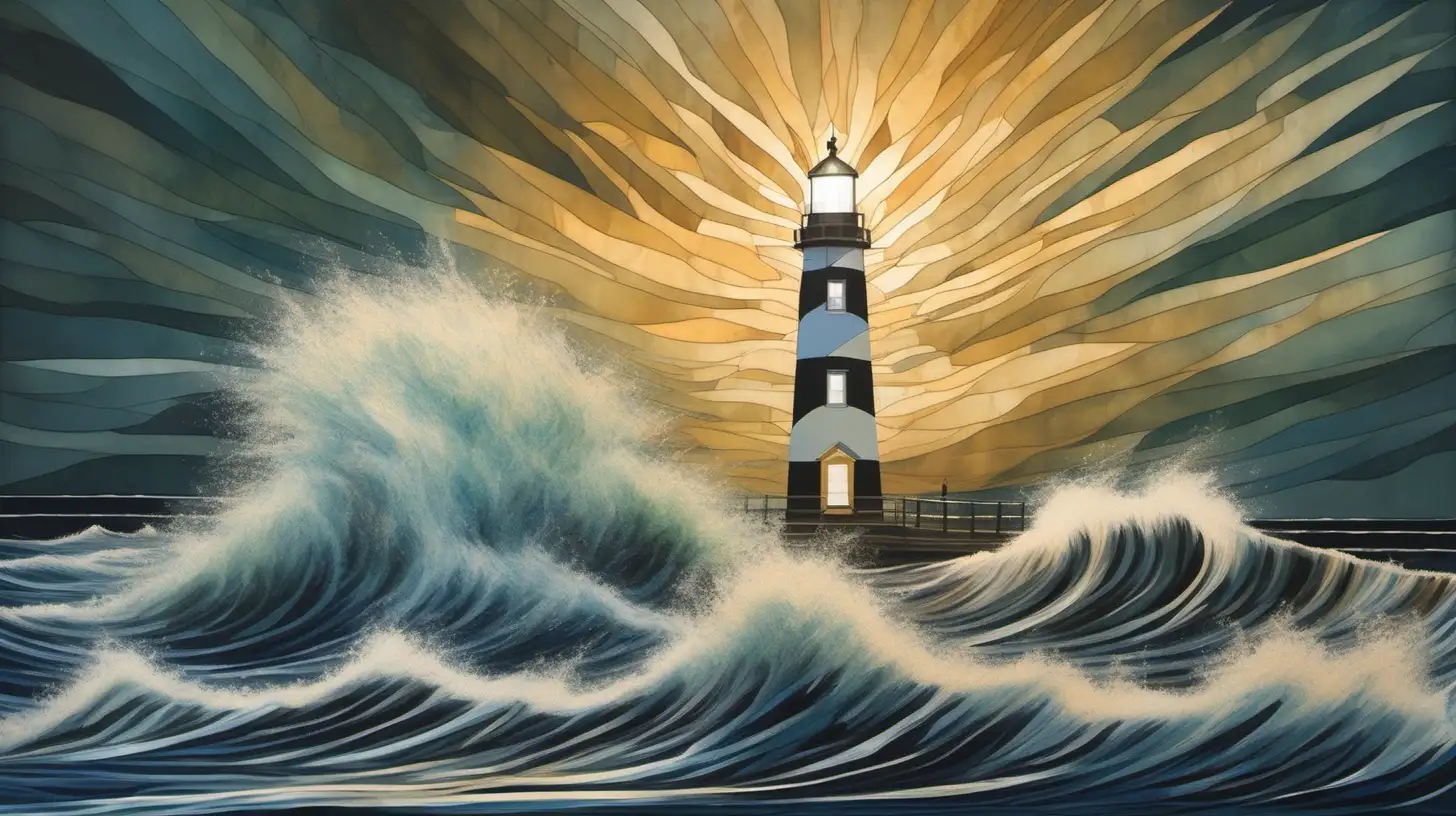 Craft an abstract representation of a lighthouse casting its light over the waves, using soft contrasts to capture the Outer Banks' iconic maritime beacons. make it hard to tell what it is unless you really look at it 