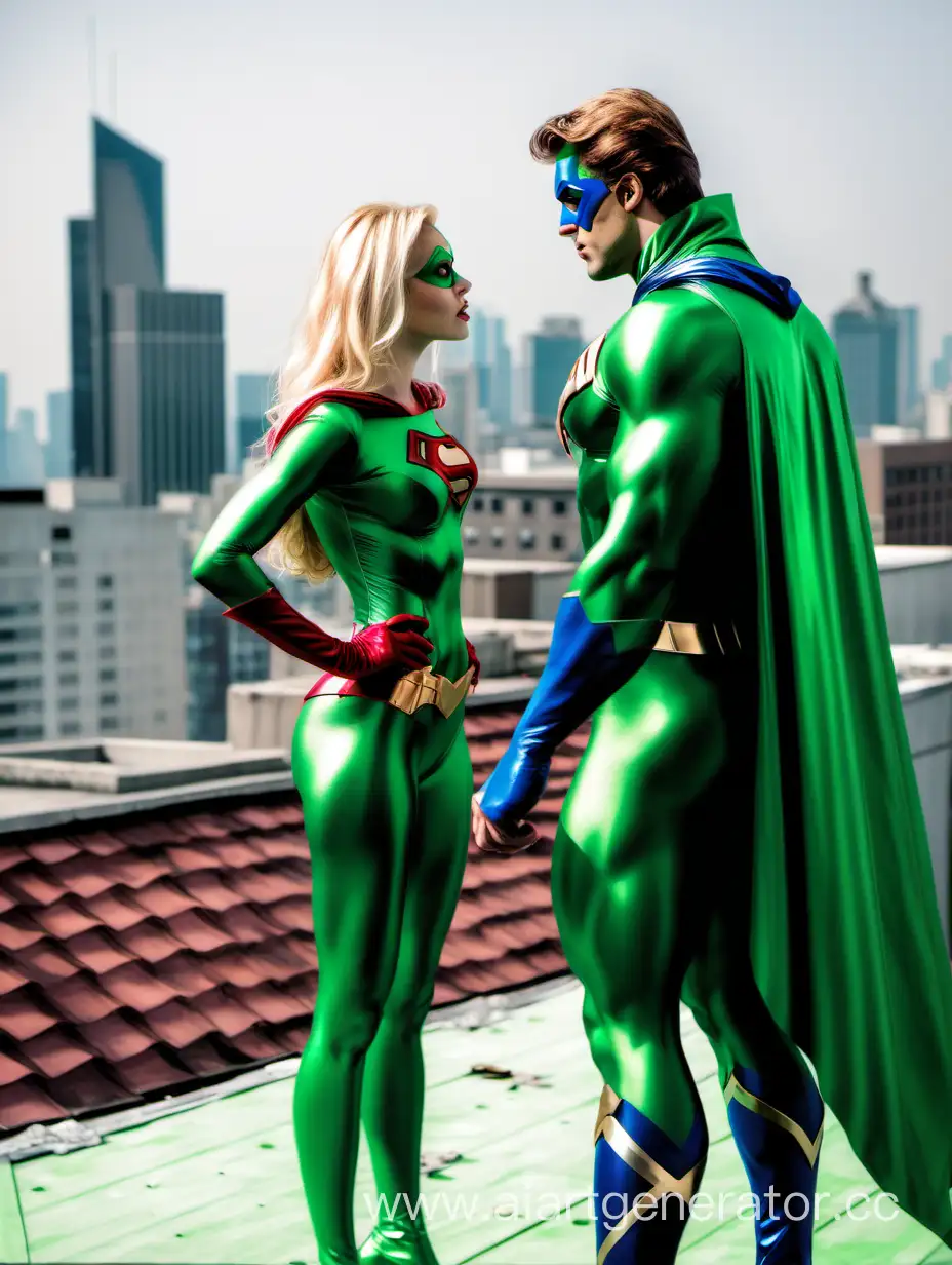 Superhero-Man-Conversing-with-MediumHeight-Blonde-Superheroine-on-Building-Rooftop