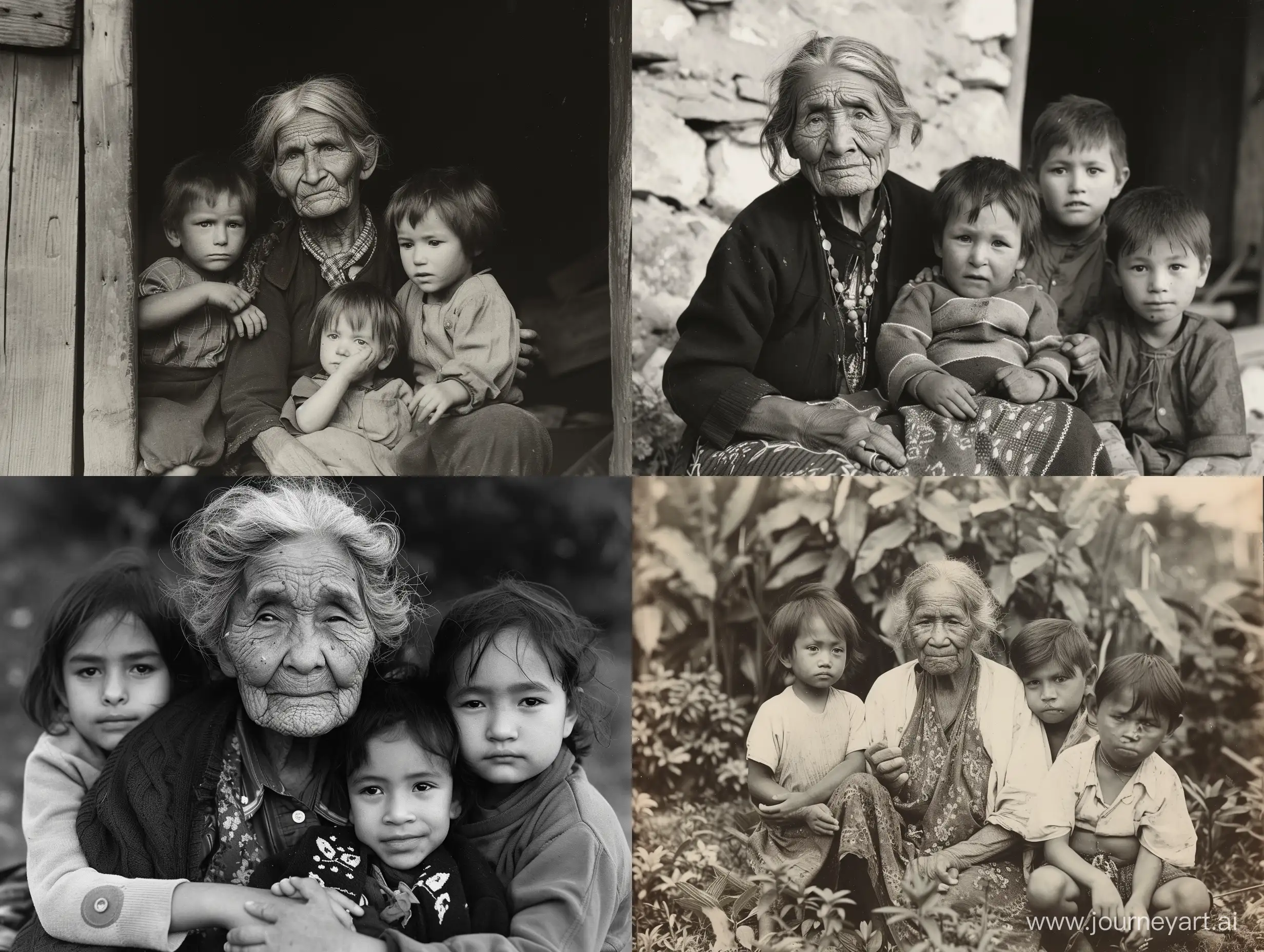 Charming-Elderly-Woman-Surrounded-by-Three-Curious-Children