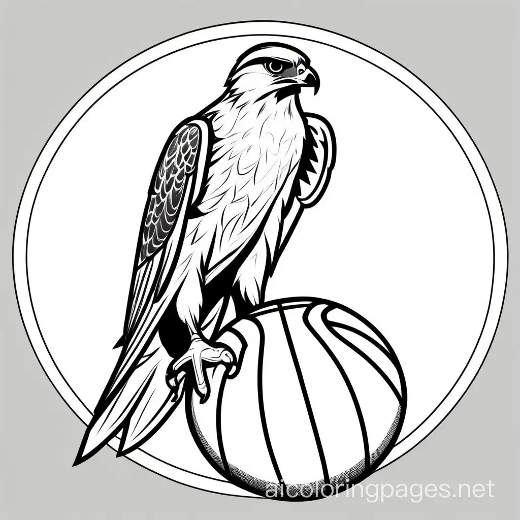 A falcon holding a basketball, Coloring Page, black and white, line art, white background, Simplicity, Ample White Space. The background of the coloring page is plain white to make it easy for young children to color within the lines. The outlines of all the subjects are easy to distinguish, making it simple for kids to color without too much difficulty
