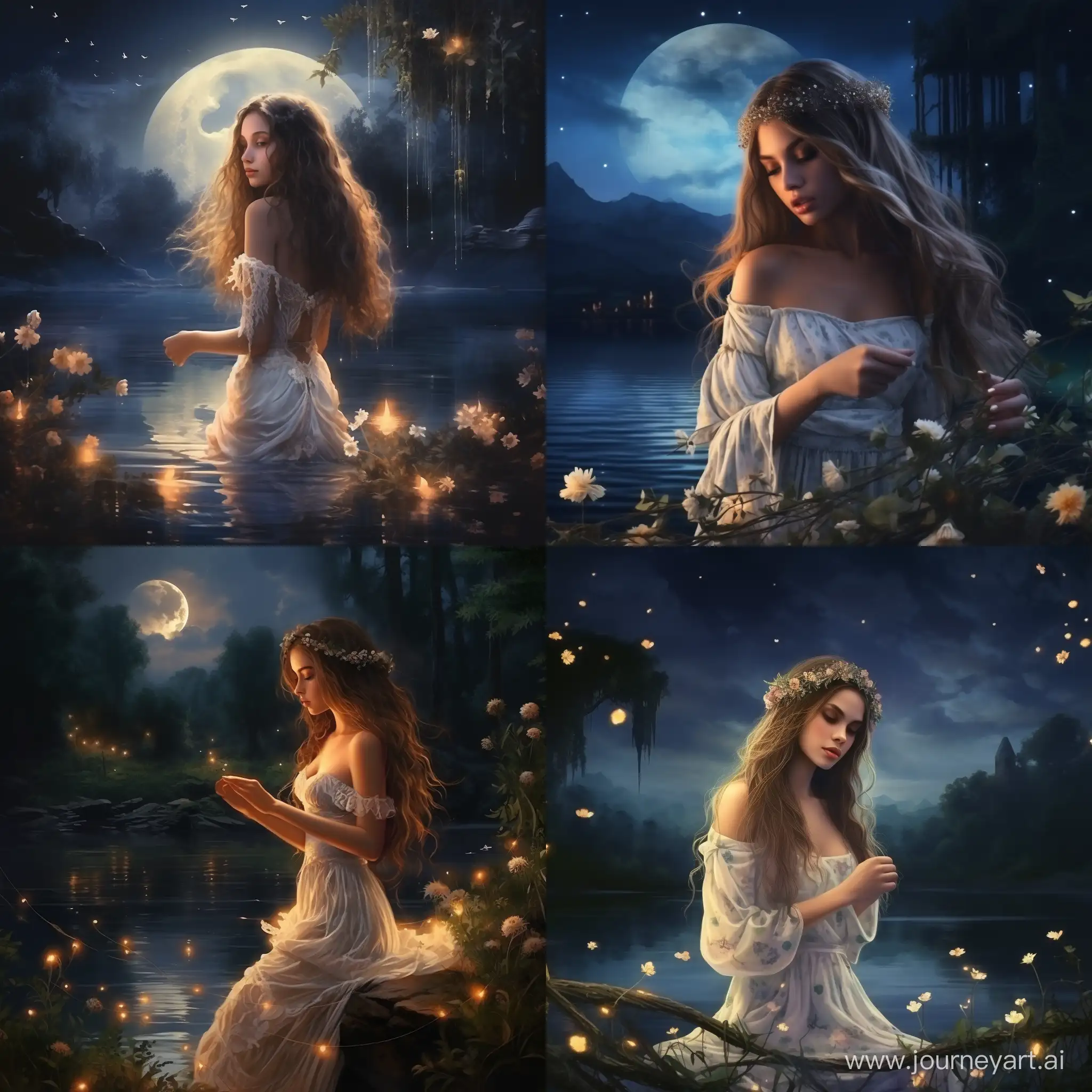 красивая девушка с длинными роскошными волосами, в белом сарафане, держит цветочный венок, на берегу реки ночью, крупным планом, свечение светлячков, отражение в реке звезд и луны, туман, дымка, таинственная мистическая атмосфера, ночь Купало, реализм
