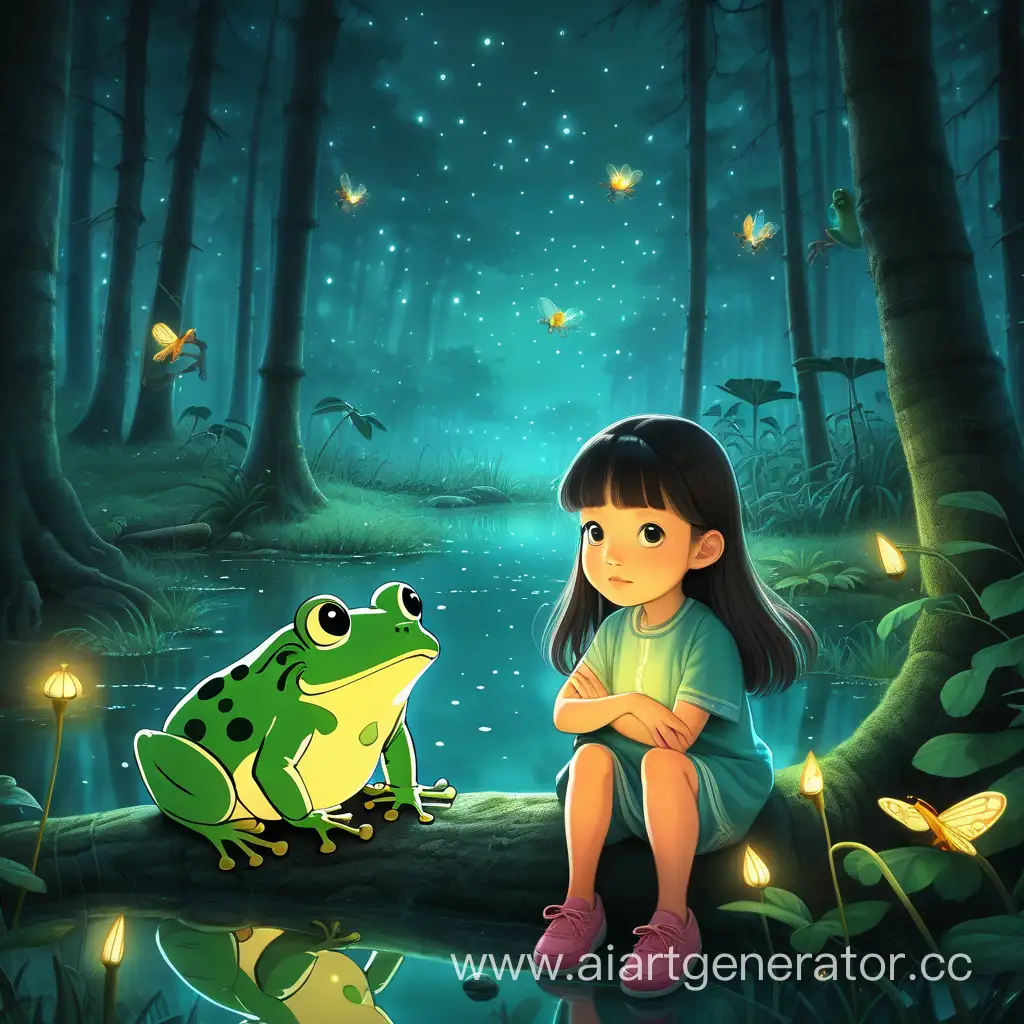 Enchanting-Forest-Scene-with-Chinese-Girl-Frog-and-Fireflies