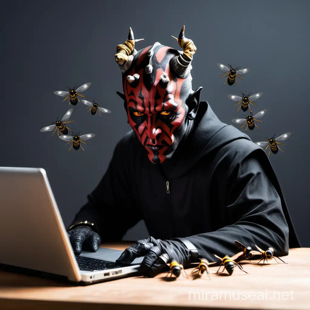 darth maul sits in front of the laptop with wasps flying around his head
