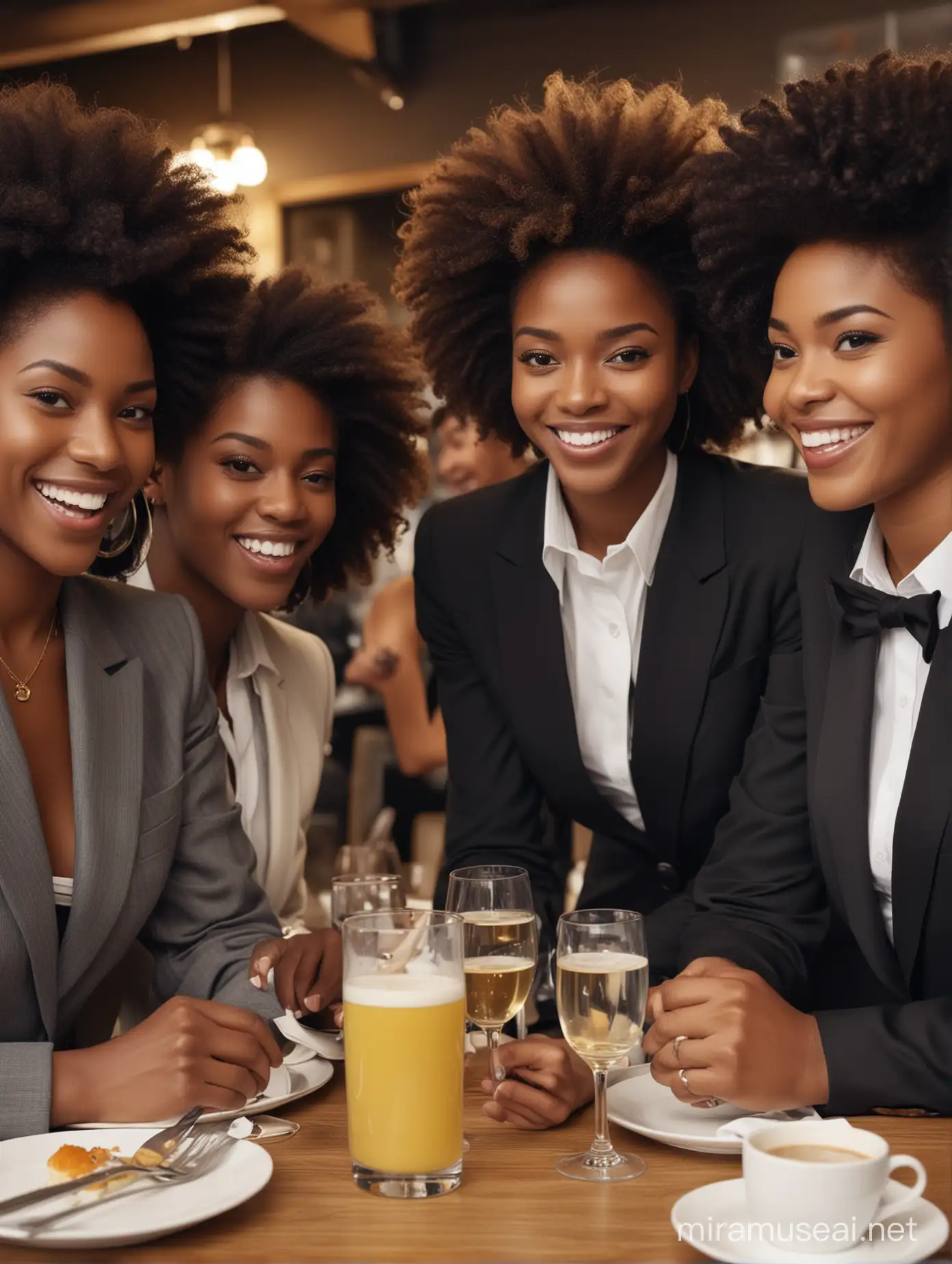 8k ultra hyper-realistic image of a group of dark skin women with afrohair style enjoying themselves at a restaurant laughing and joking,wearing a 3 piece suit is aporoaching their table to talk to one of the women. fashwave, candid celebrity shots, uhd image, body extensions, natural beauty --ar 69:128 --s 750 --v 5. 2