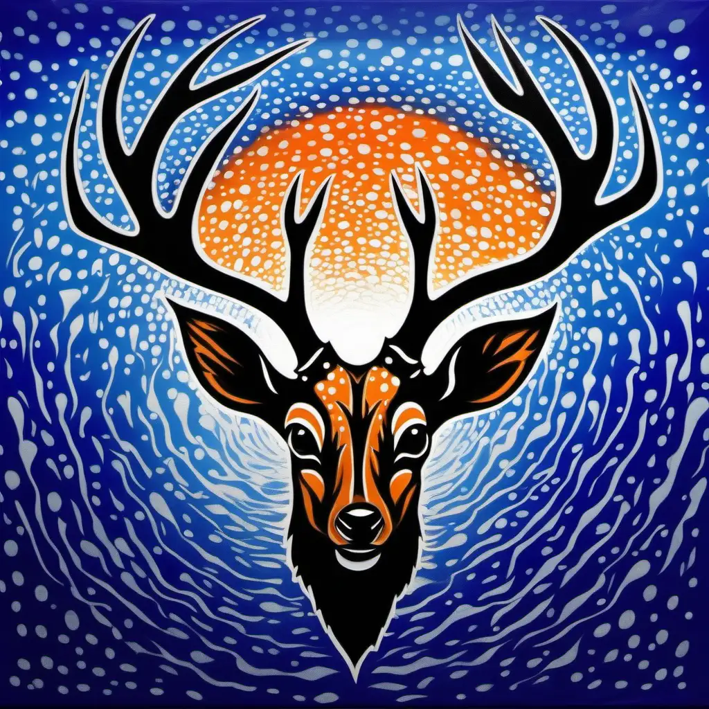 Start with a solid vibrant royal blue background, Place an image of a deer head silhouette at the center of the canvas, Integrate an image of a spotted tail bass fish silhouette to the left. Add a shark silhouette to the right of the deer, Create flashes of orange and blue and white colors in the background. creating a dynamic and vibrant atmosphere. 