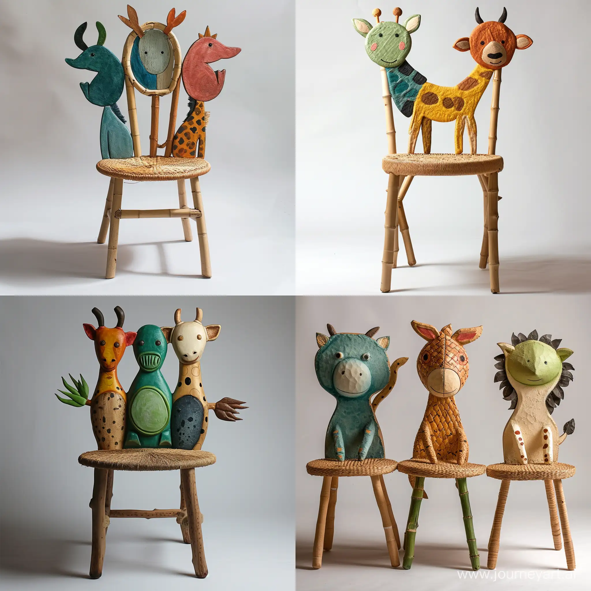 Imagine an image of a sturdy children’s chair Create an image of a sturdy children’s chair Thin and using minimal materials for construction for construction inspired by cute safari animals, with backrests shaped like different creatures. Use recycled wood for the frame and woven plant fibers for seating areas, depicted in colors representative of the chosen animals. The seat should stand approximately 30cm tall, built to educate about wildlife and ensure durability.realistic  style for construction inspired by cute safari animals, with backrests shaped like different creatures. Use recycled wood for the frame and woven plant fibers for seating areas, depicted in colors representative of the chosen animals. The seat should stand approximately 30cm tall, built to educate about wildlife and ensure durability.realistic  style
