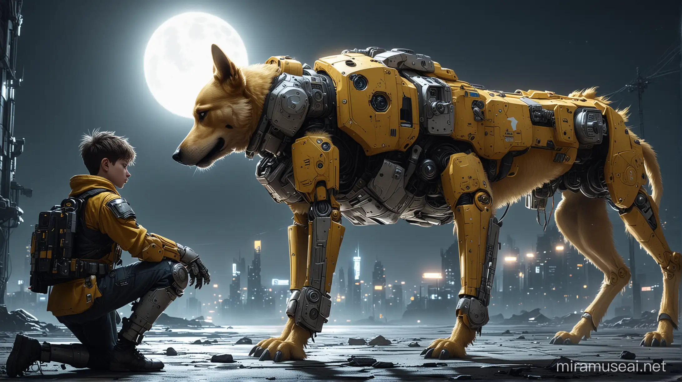 Teenage Boy in Mech Armor Petting Yellow Dog Under Moonlight in Cyberpunk City