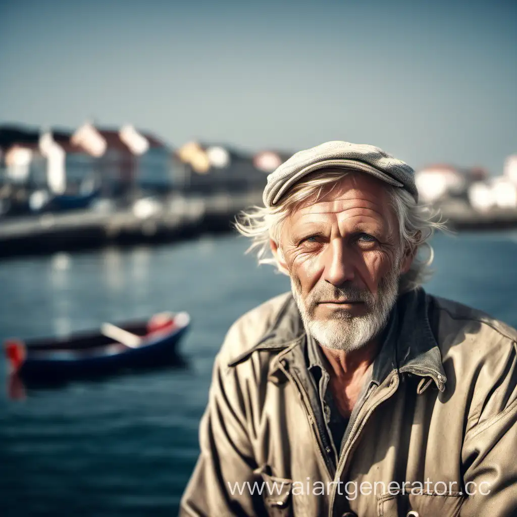old blonde fisherman in the coastal town. On boat in the sea. not that old. a bit younger. AT 40 YEARS OLD. SHOW THE TOWN AT BACKGROUND

