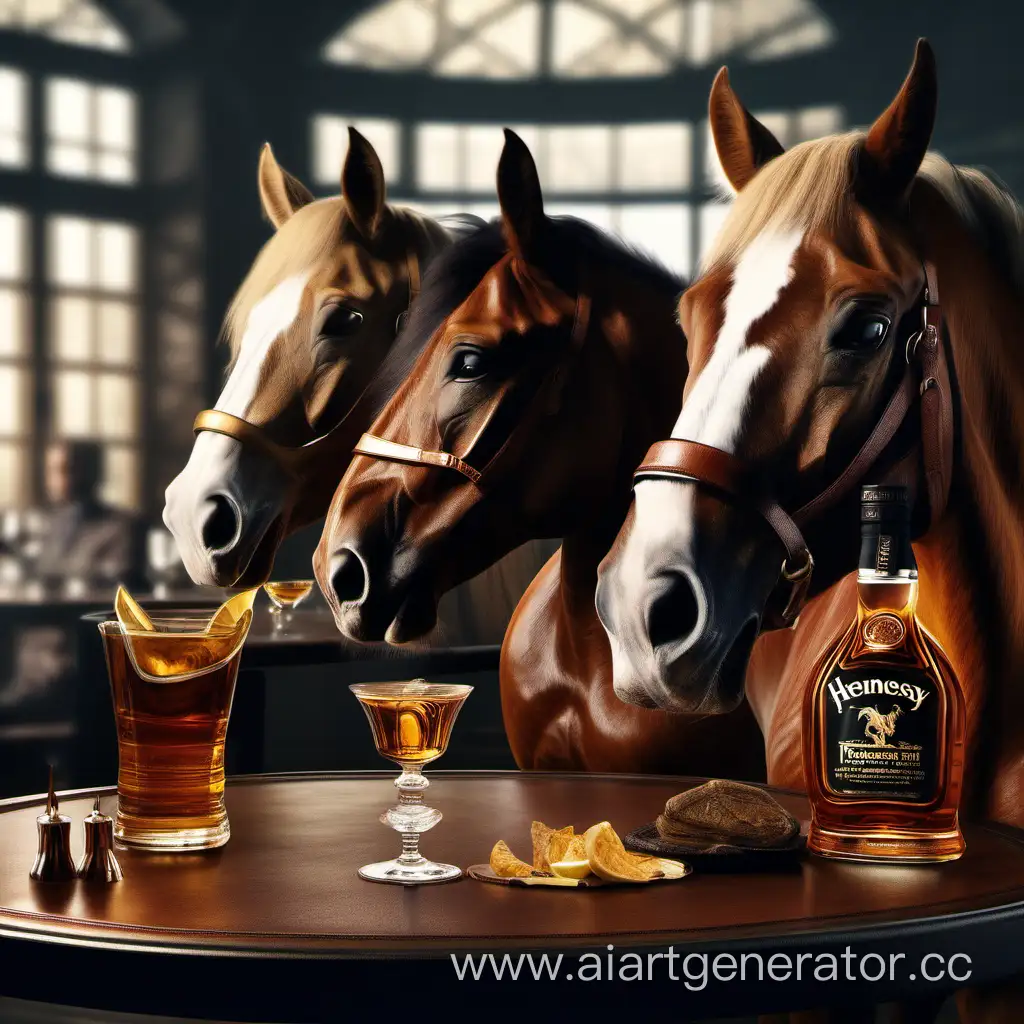 3 лошади сидят за столом и пьют Хеннеси ХО, гиперреалистичная, сверхдетализированная, 8k, высокое качество, трендовое искусство