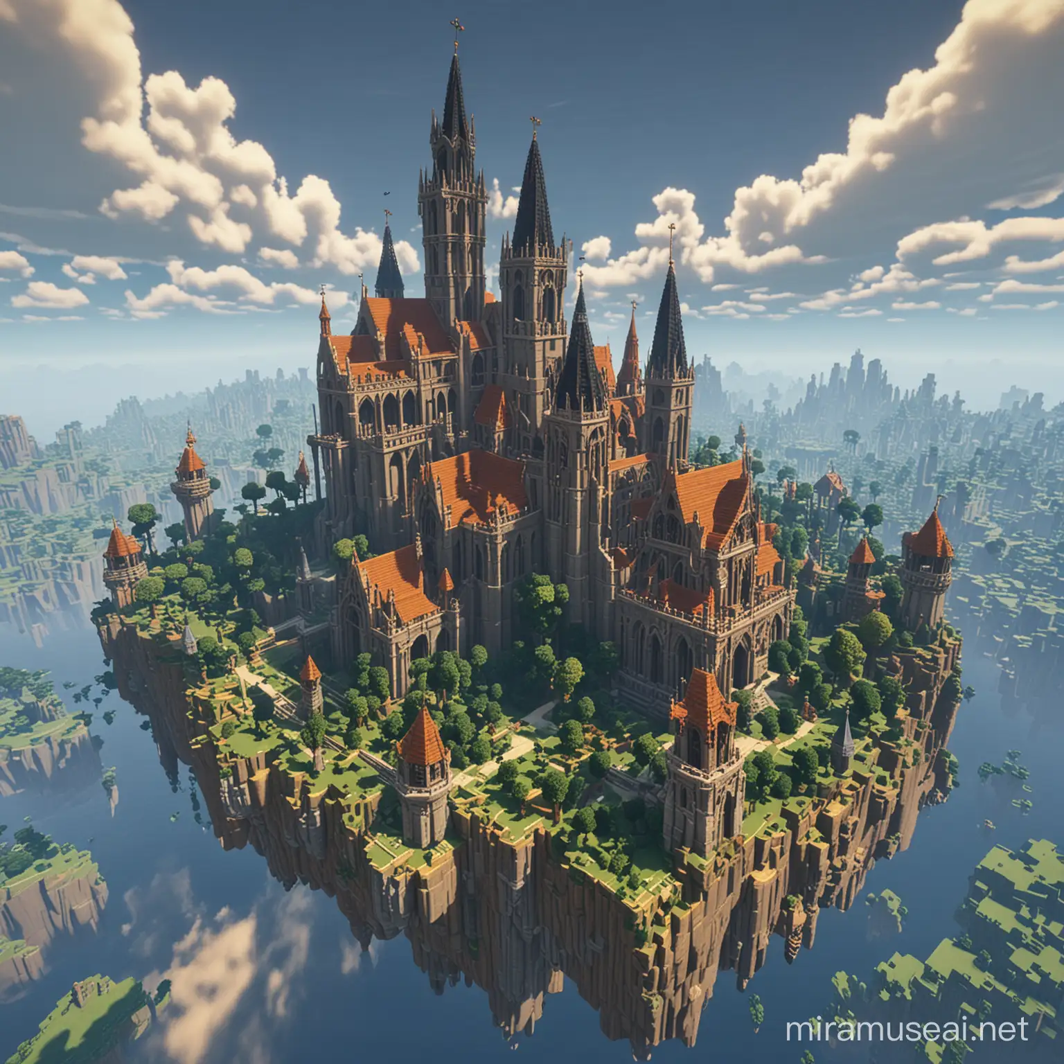 hypixel skyblock medieval style floating islands with a large cathedral off towards the back