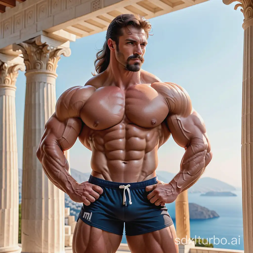 hirsute physique! half horse half very muscular bodybuilder that is a strong centaur. greek pillars in background.