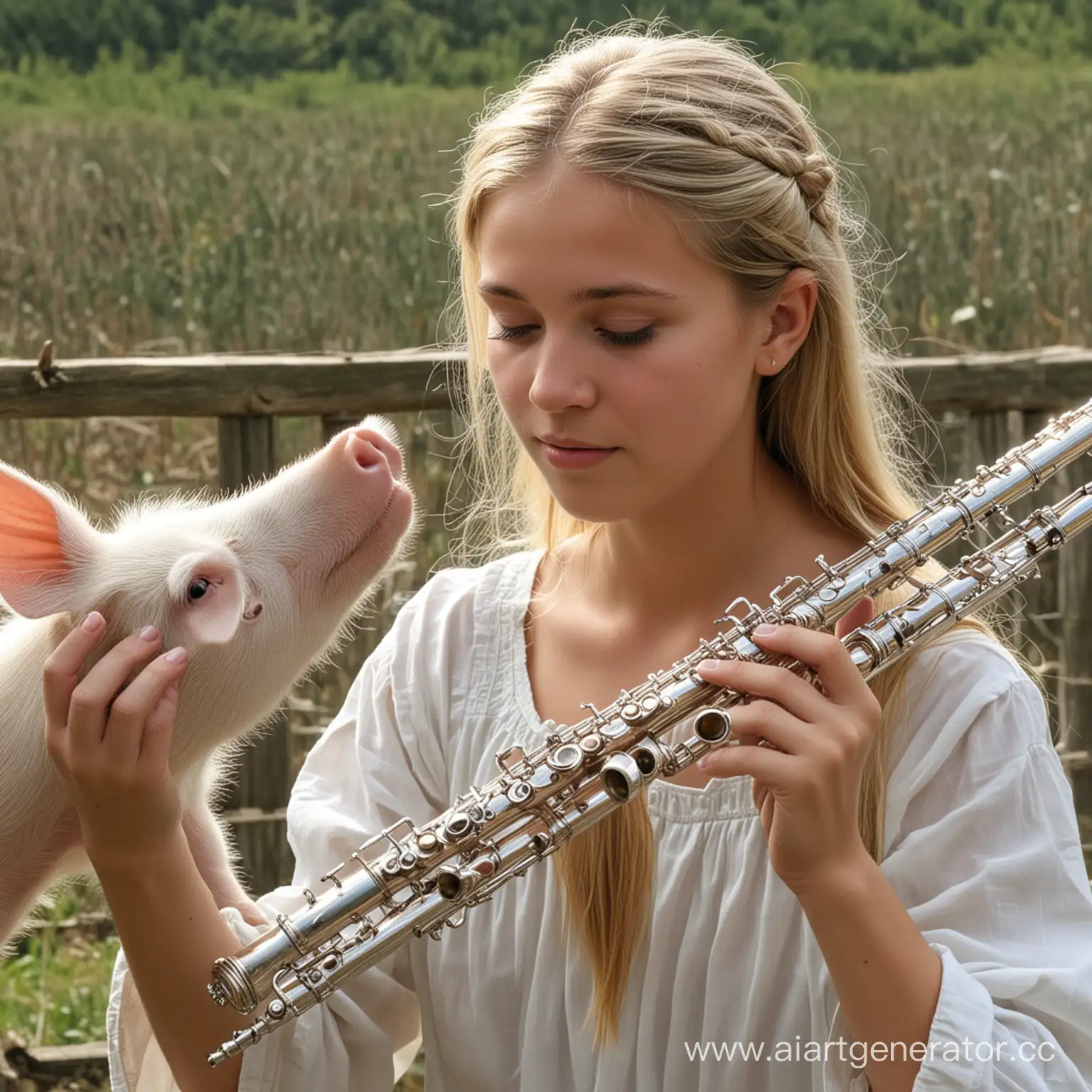 А вот юная леди ,
На серебряной флейте играет она
Удивительная леди ,
Для белых дядиных свиней подарила музыку она.
